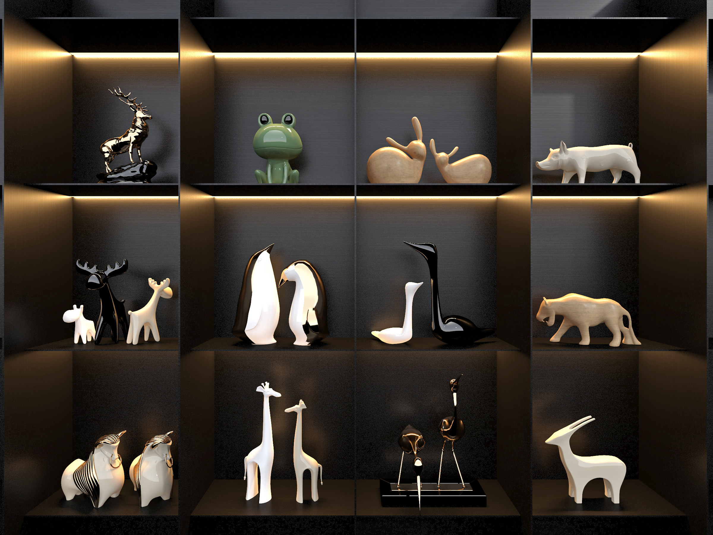 现代饰品摆件,猪，企鹅鹿工艺品摆件组合,3d模型下载