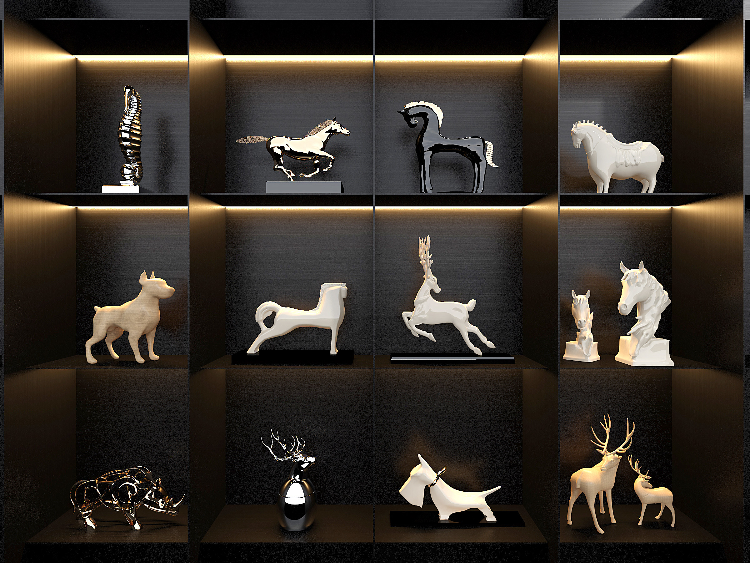 现代工艺品摆件组合,马，鹿，犀牛雕塑3d模型下载