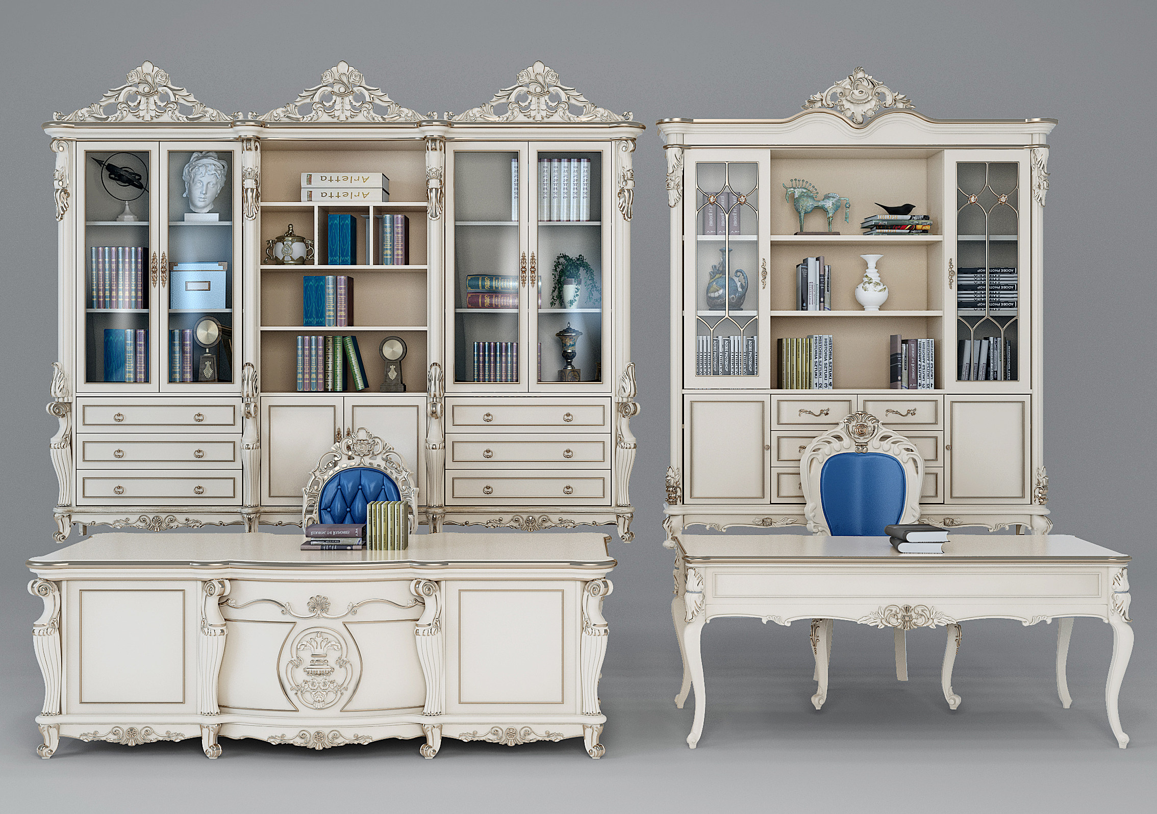 法式古典雕花书柜书桌椅子3d模型下载