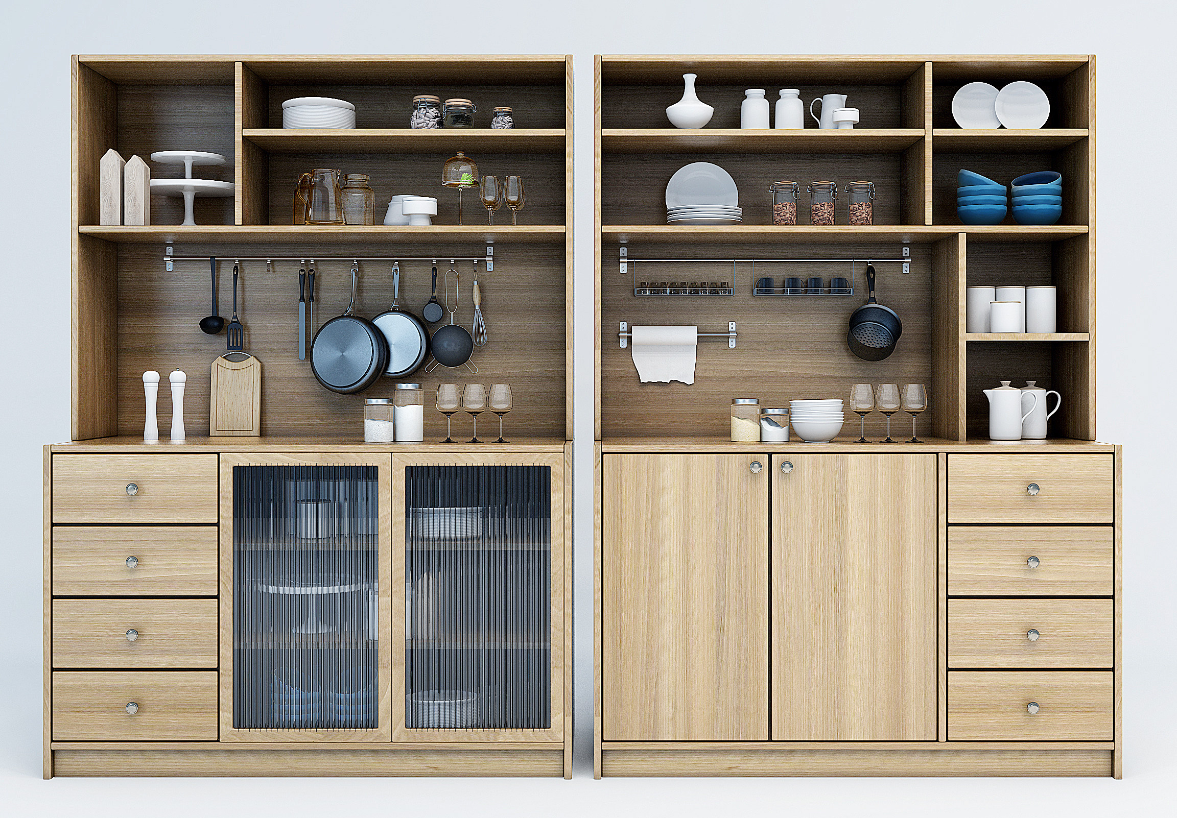 现代厨房柜子、餐具、厨房用具，平底锅，3d模型下载