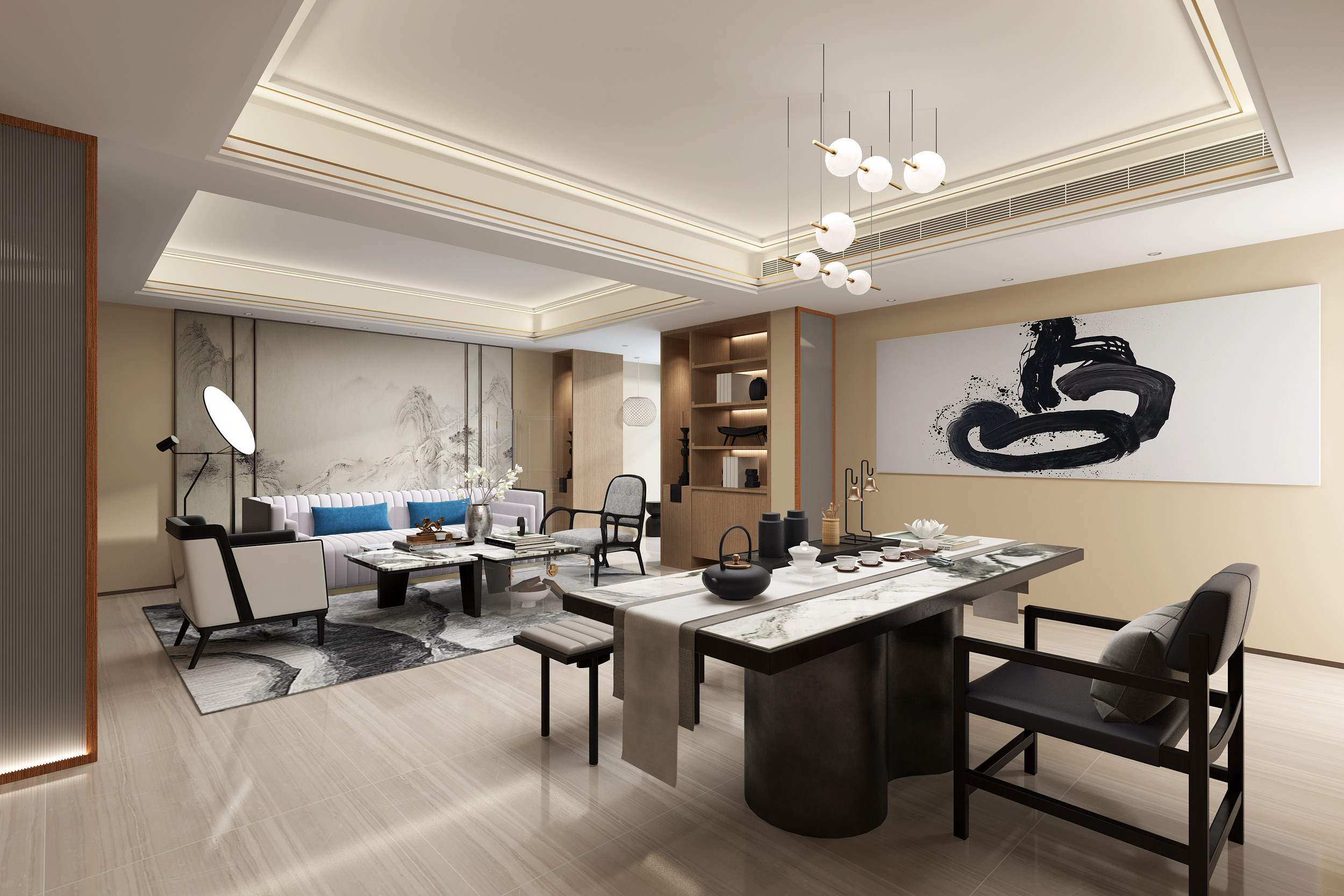 新中式客厅书房 3d模型下载