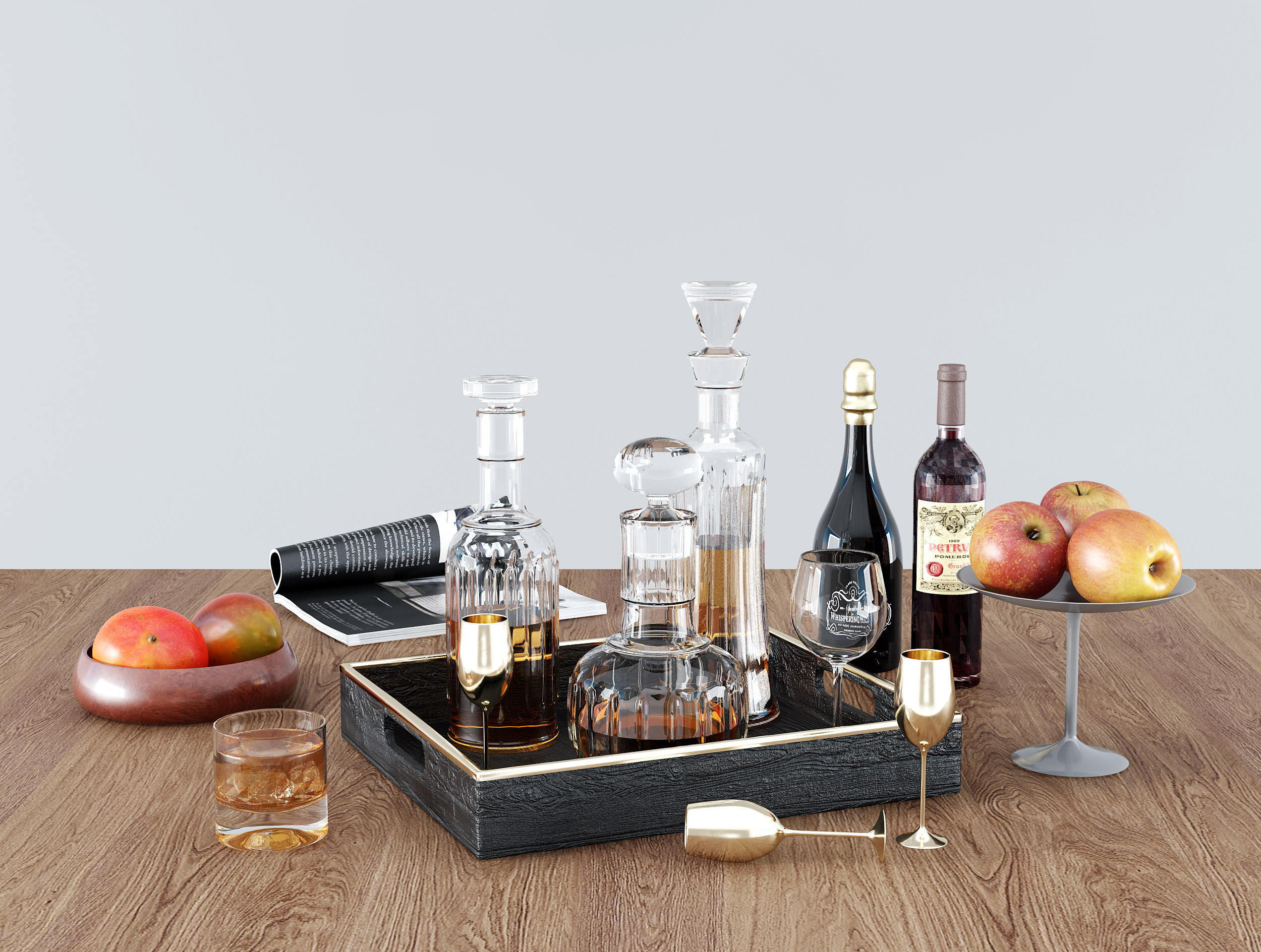 现代红酒洋酒酒瓶子酒具 果盘托盘组合3d模型下载
