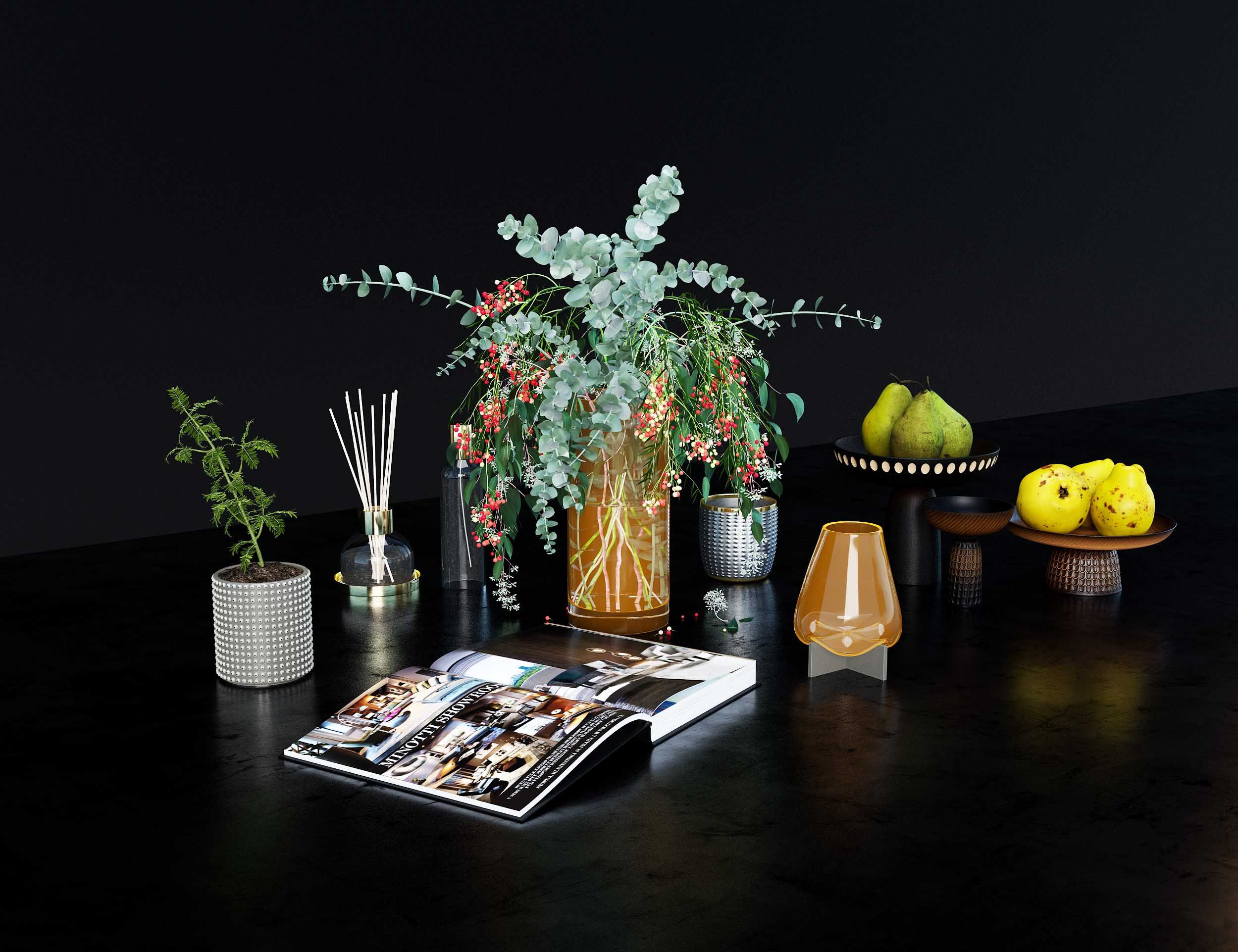 现代饰品摆件 花瓶 食物 果盘杂志3d模型下载