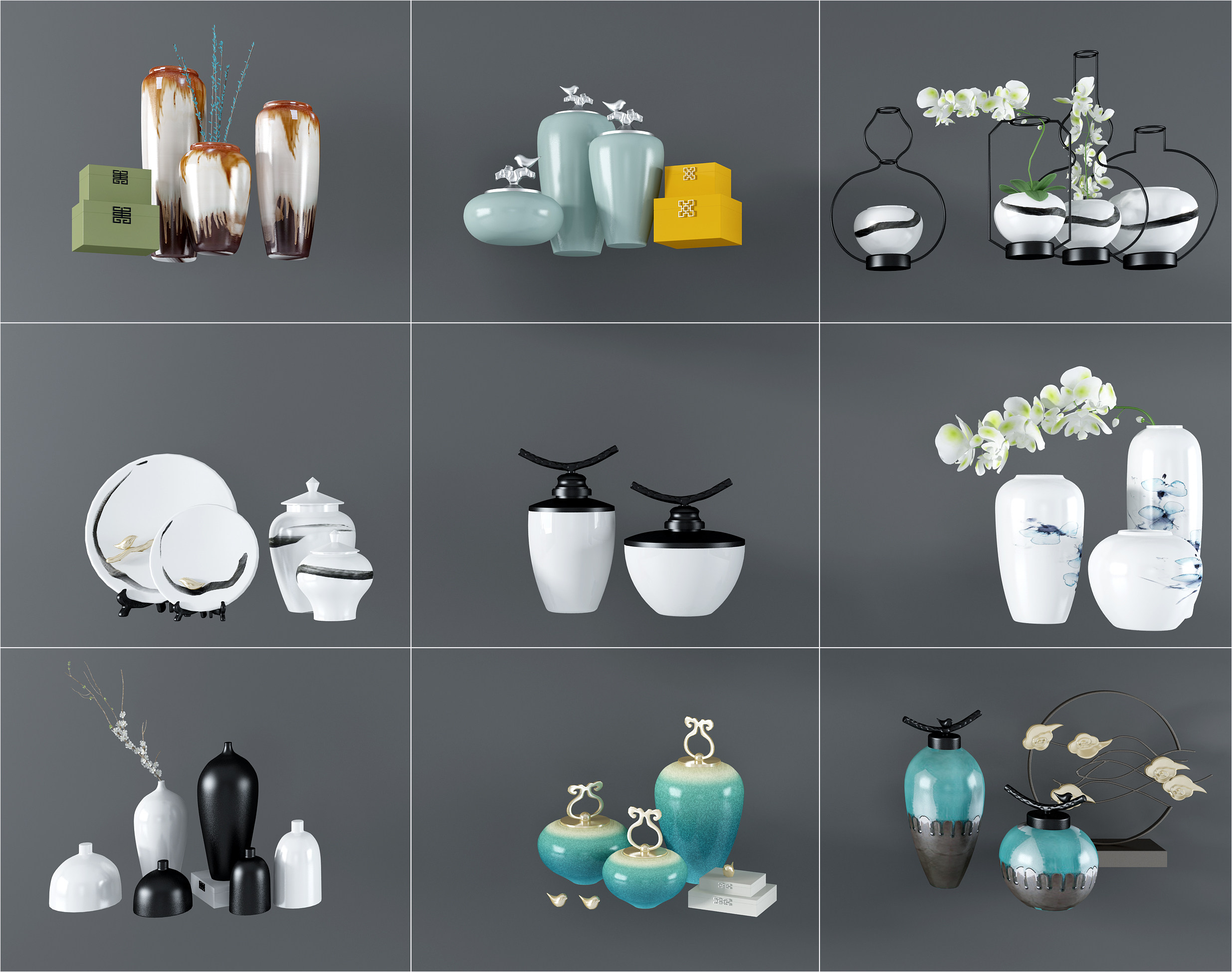 新中式陶瓷罐 器皿摆件组合3d模型下载
