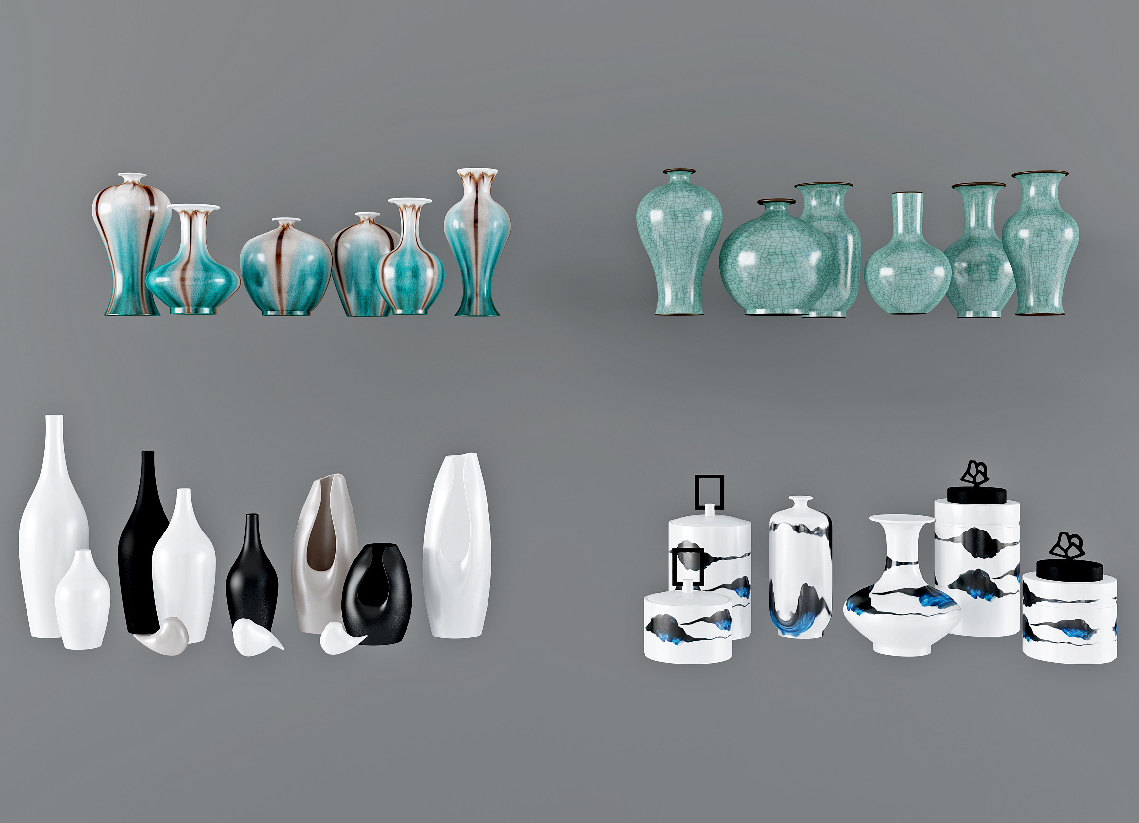 新中式陶瓷 花瓶 罐子组合 (1)3d模型下载