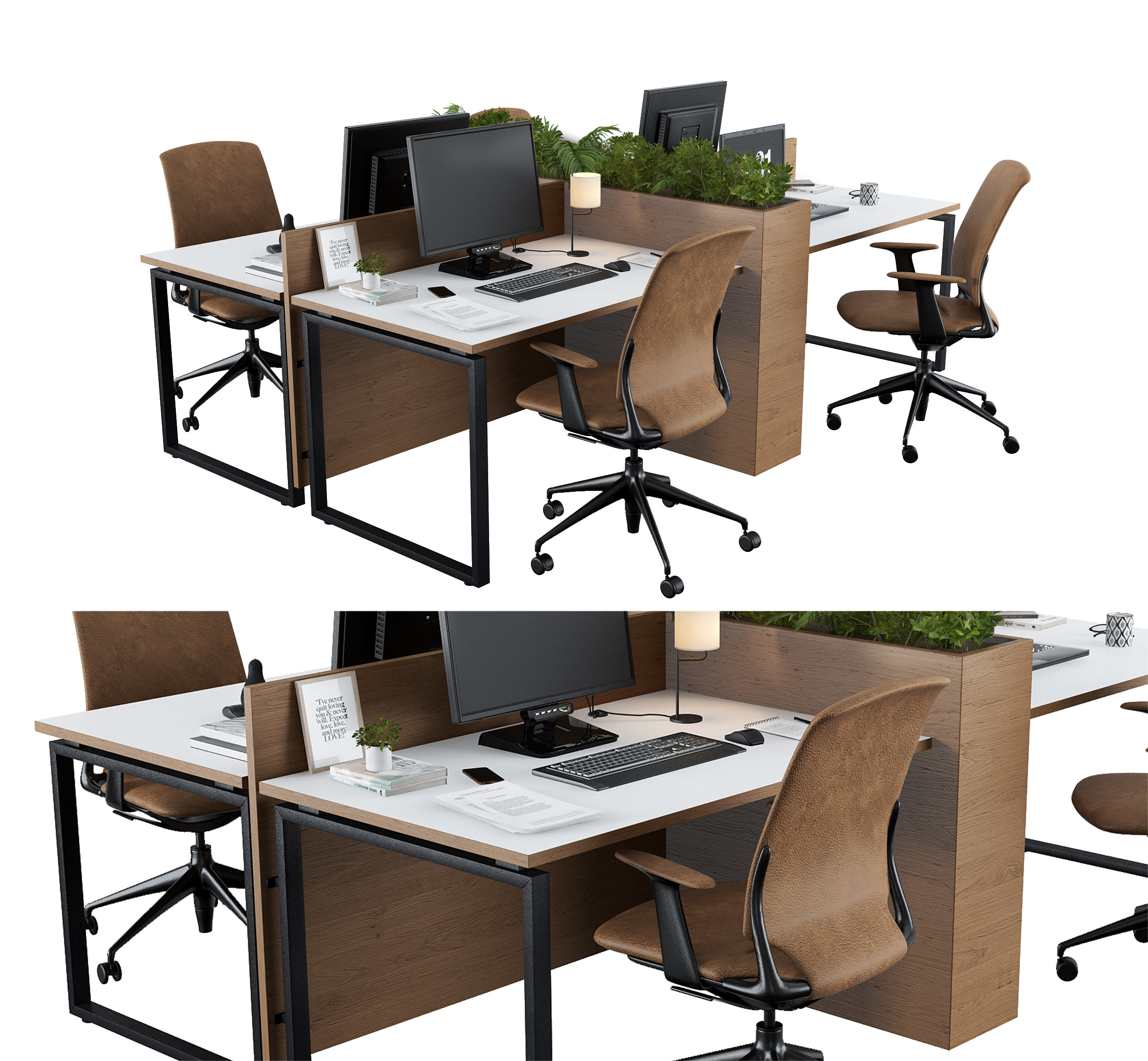 现代办公桌椅， 工位组合_3d模型下载