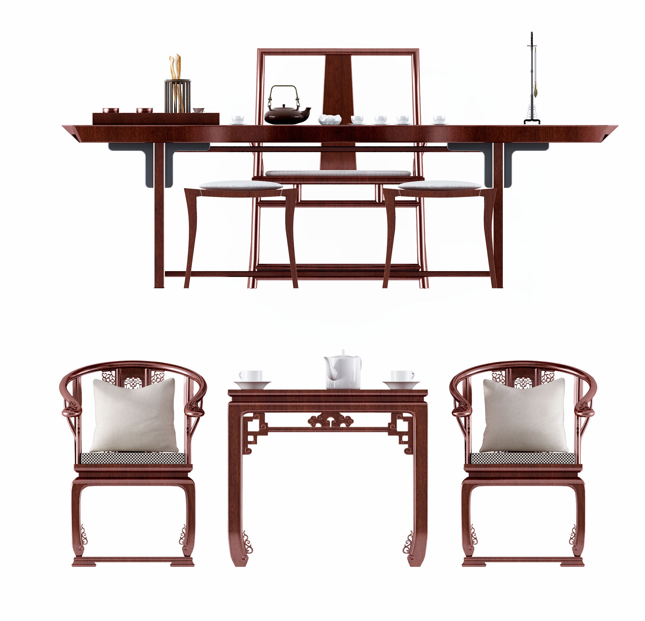 中式古典实木红木家具圈椅八仙桌，方桌，书桌椅，椅子官帽椅3d模型下载