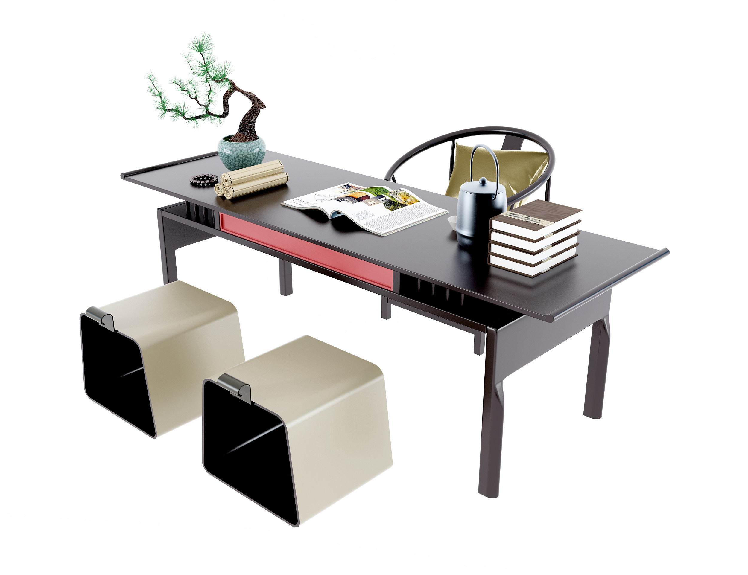 新中式书桌椅 方凳 单椅 (1)3d模型下载