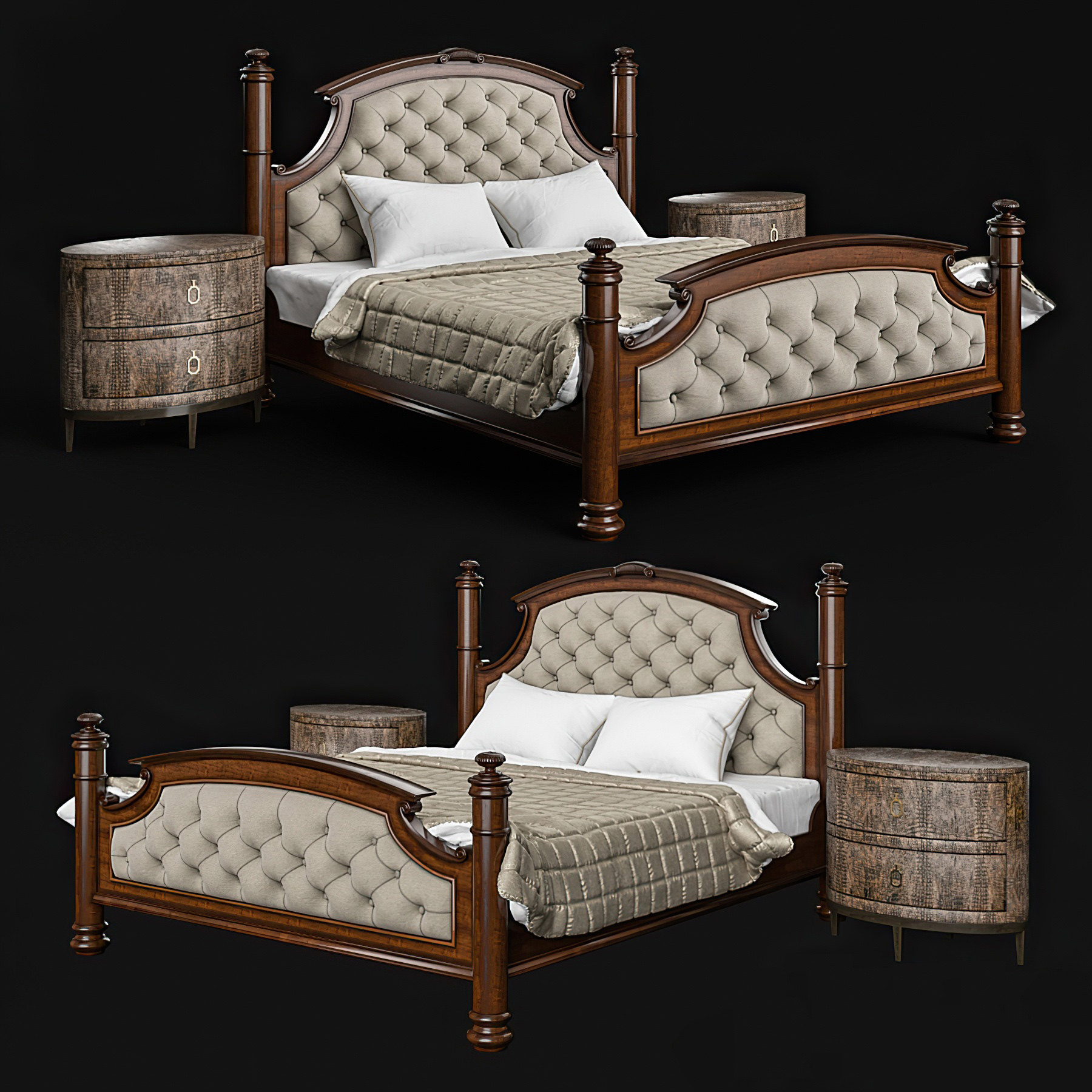 美式欧式古典皮革木质双人床3d模型下载