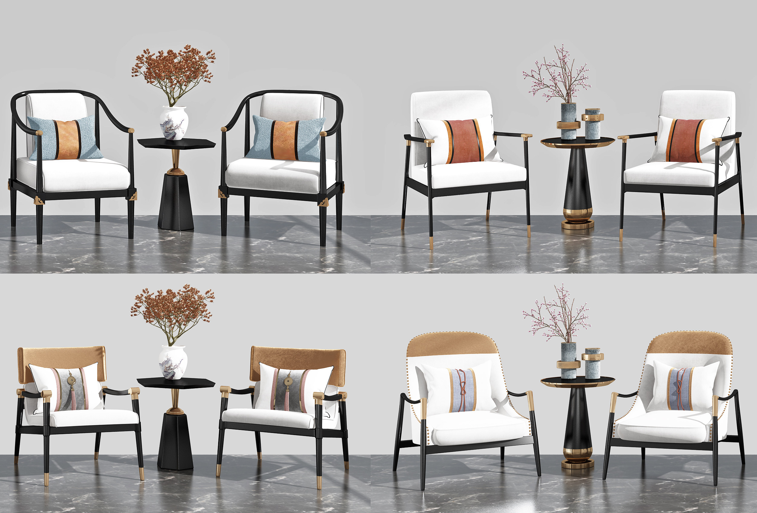 新中式布艺休闲椅组合3d模型下载