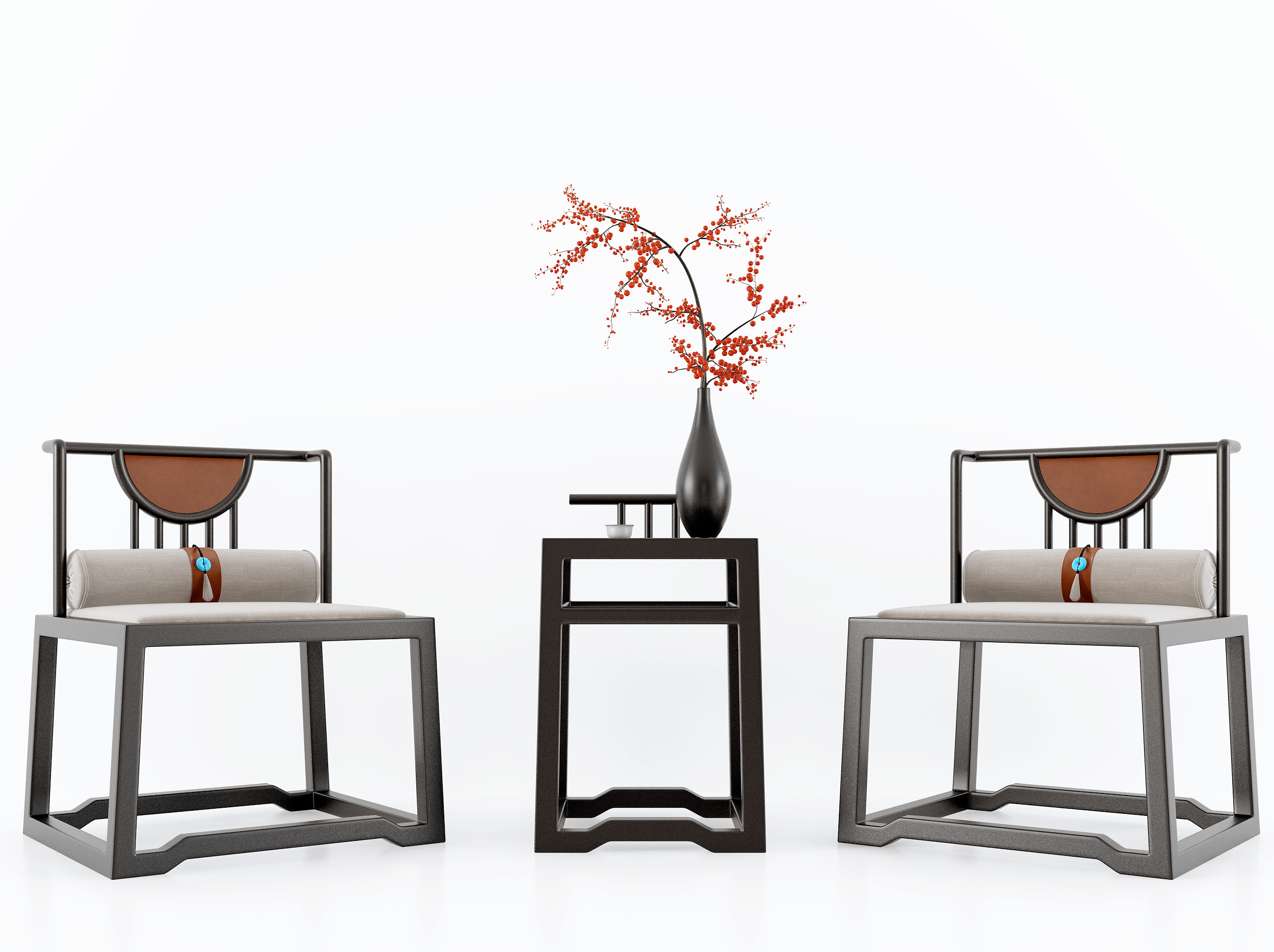 新中式实木单椅茶几3d模型下载
