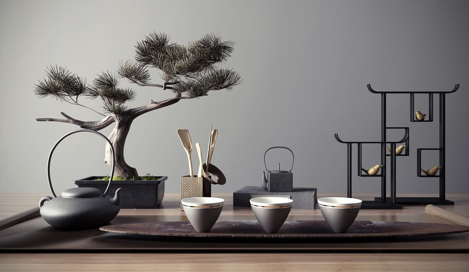 新中式茶具摆件组合3d模型下载