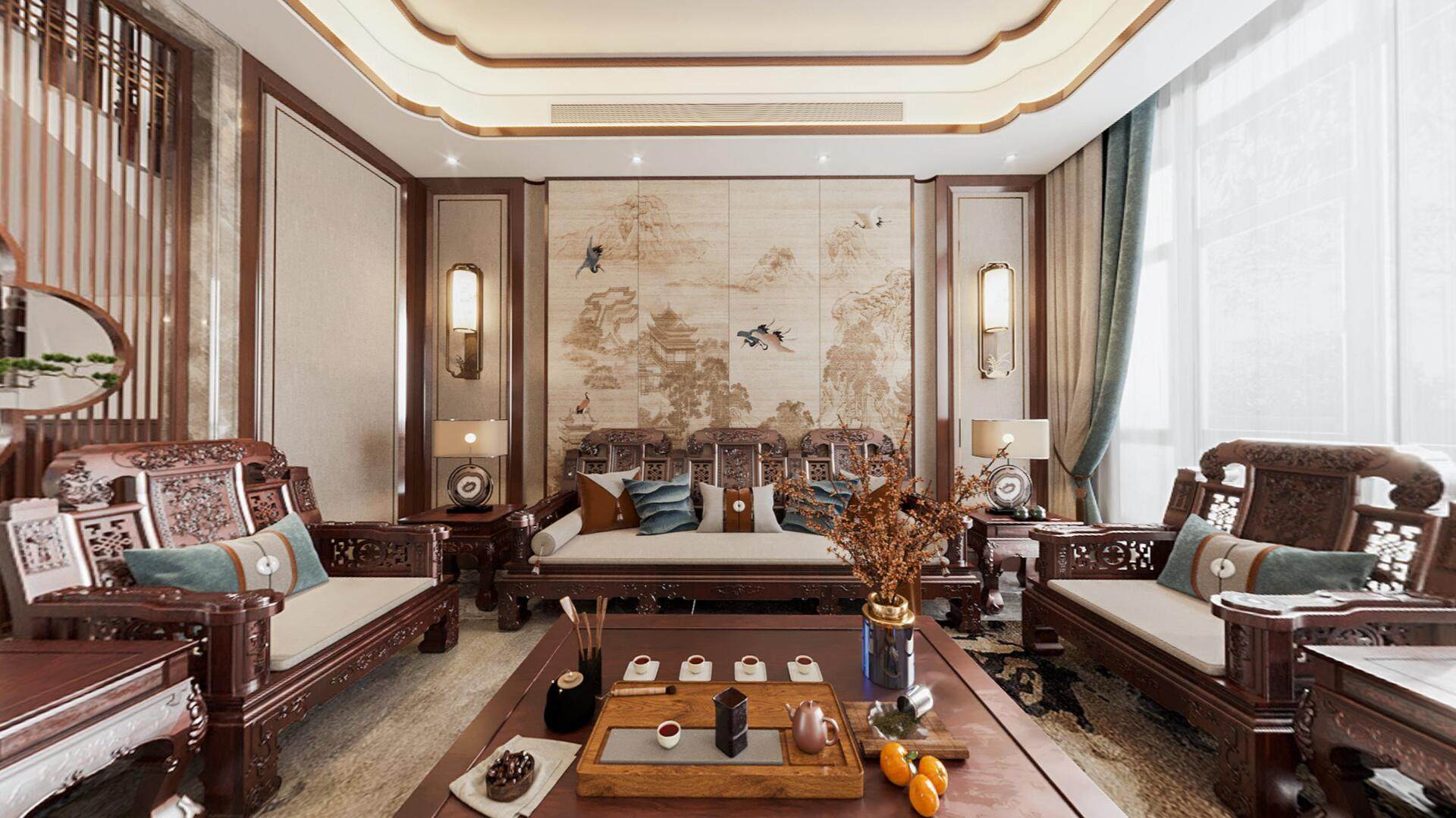 中式古典红木家具客餐厅3d模型下载