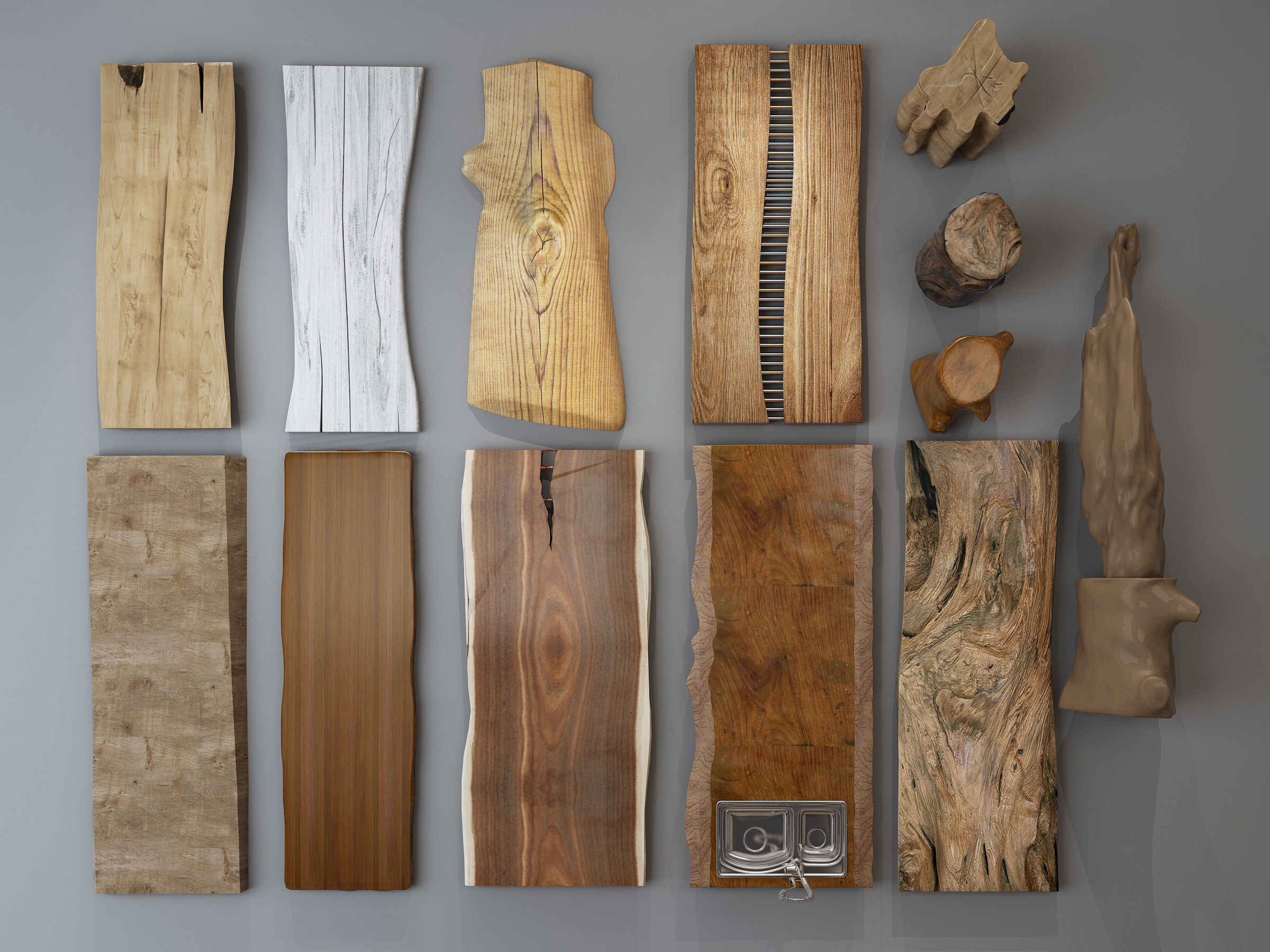 现代实木原木大板木板桌面，茶桌，木凳子组合3d模型下载