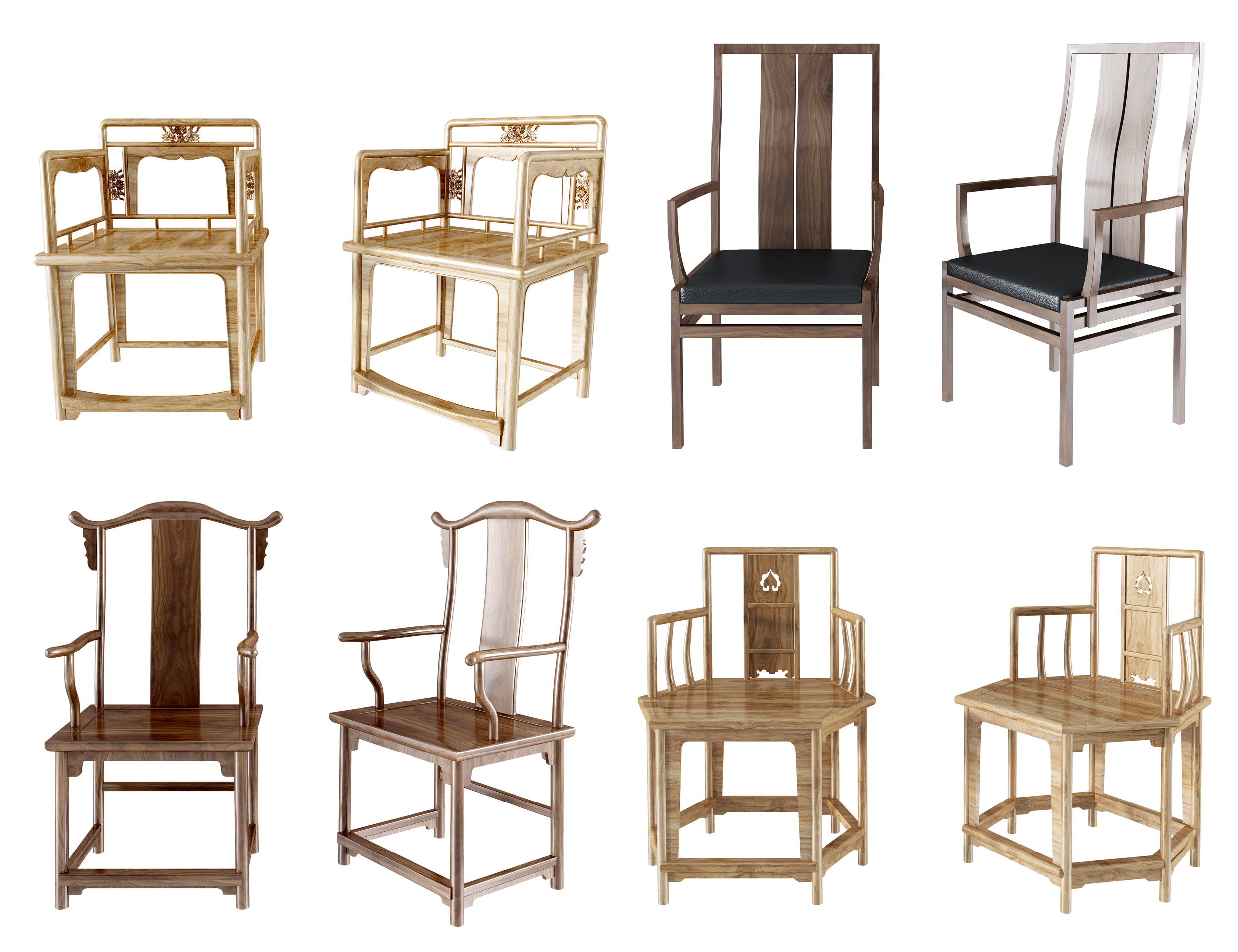中式古典实木官帽椅单椅 组合3d模型下载