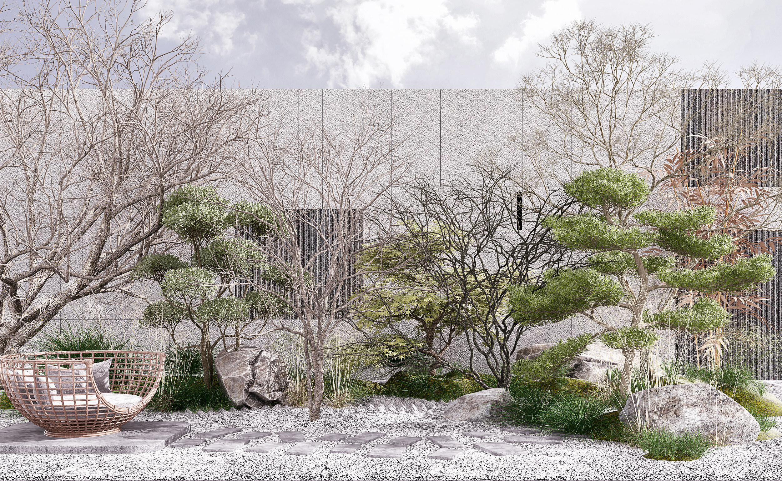 现代新中式庭院 景观植物树景观小品3d模型下载