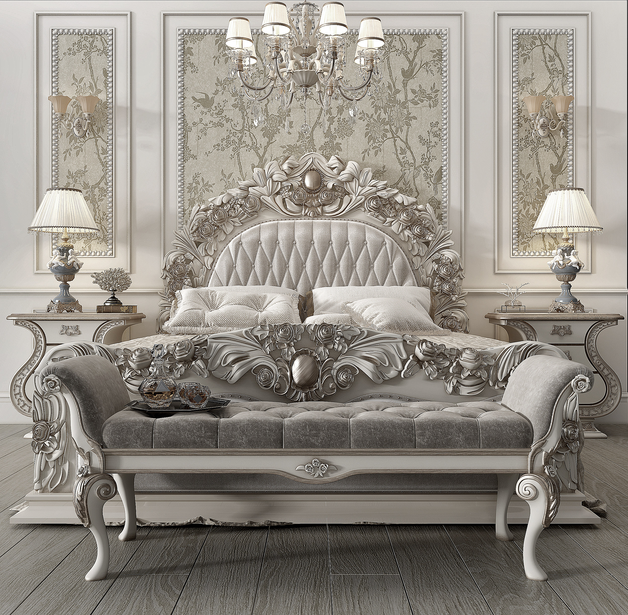 法式古典雕花双人床床尾凳3d模型下载