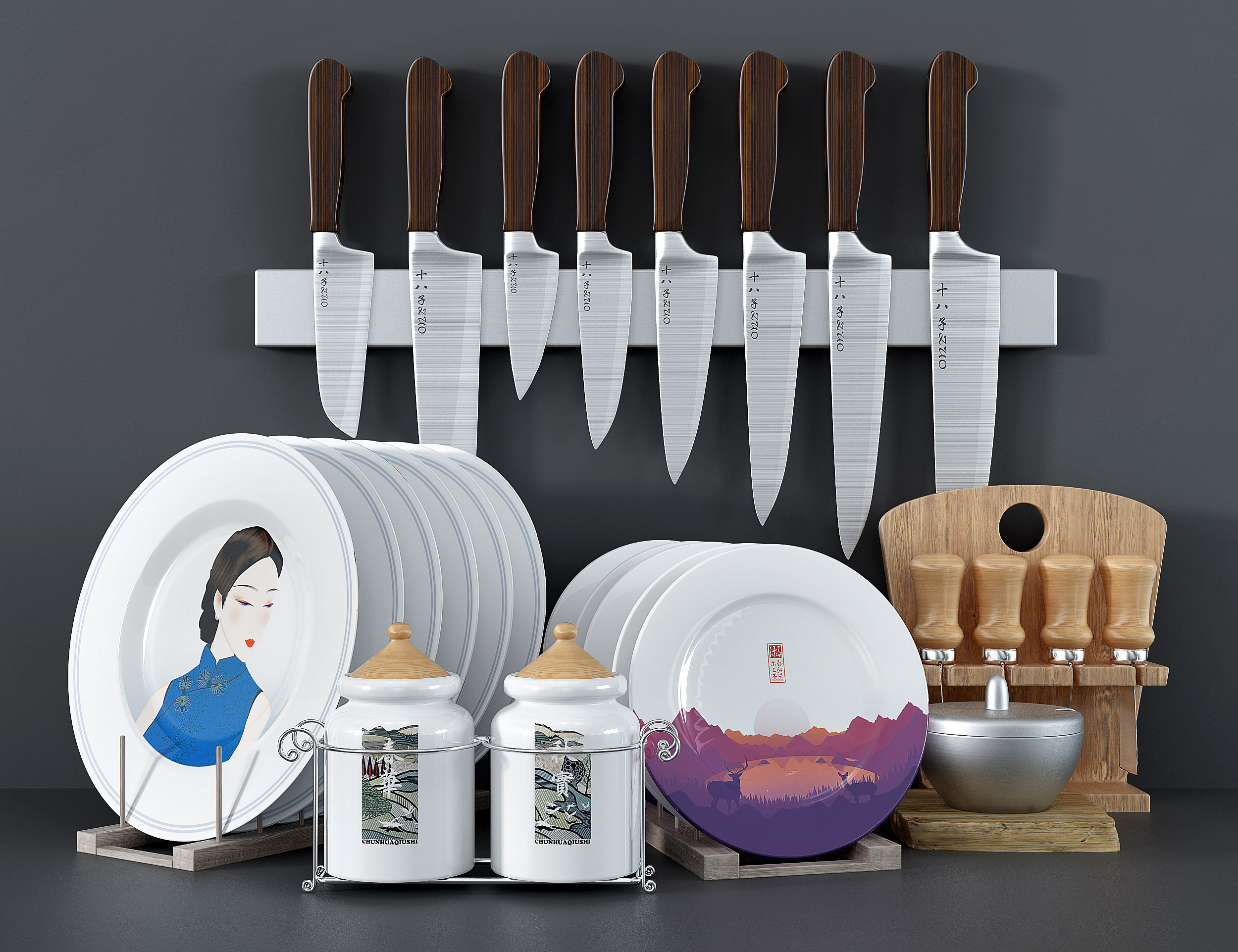现代风格厨具 盘子 调料罐 餐具3d模型下载