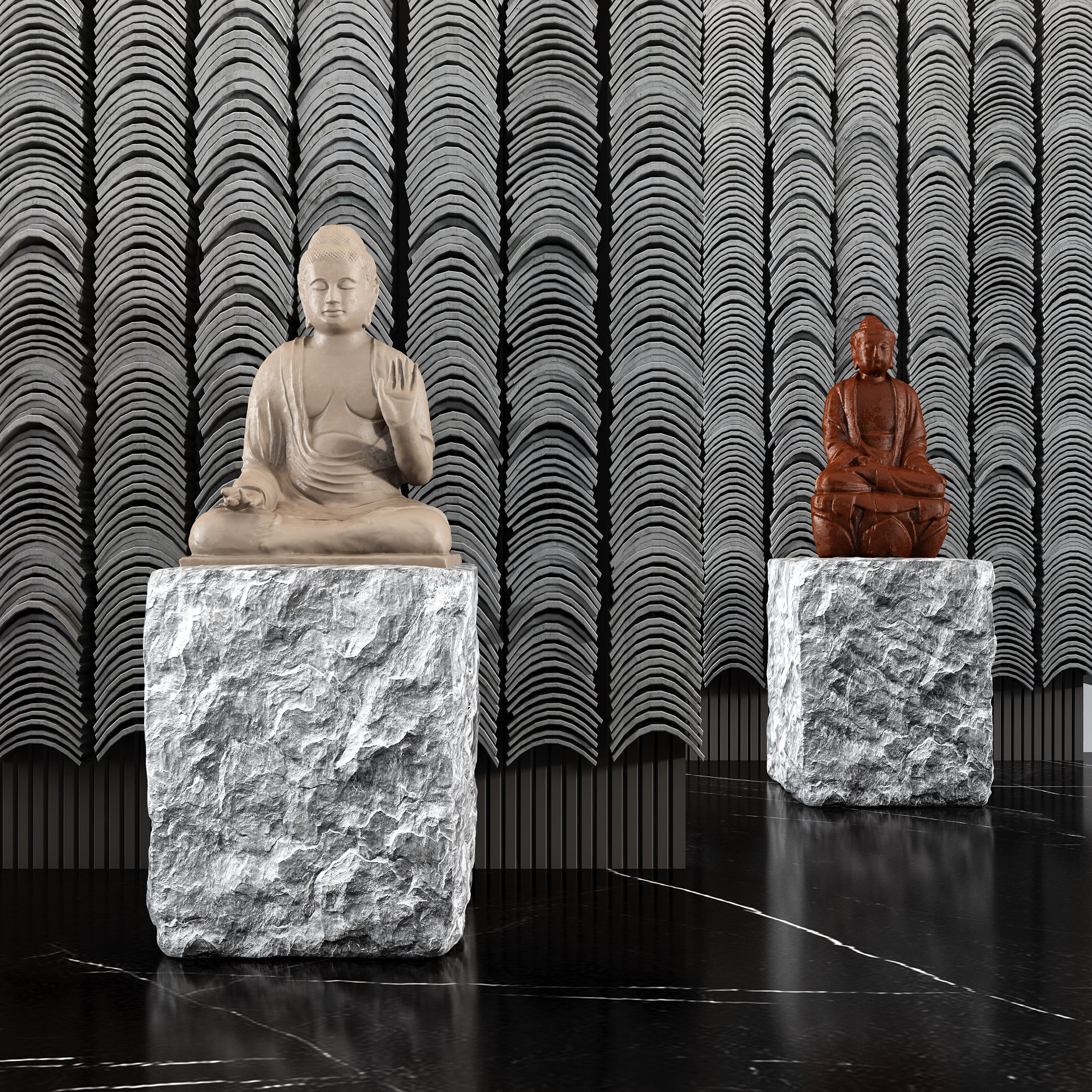 新中式佛像雕塑  石头墩子瓦片墙3d模型下载