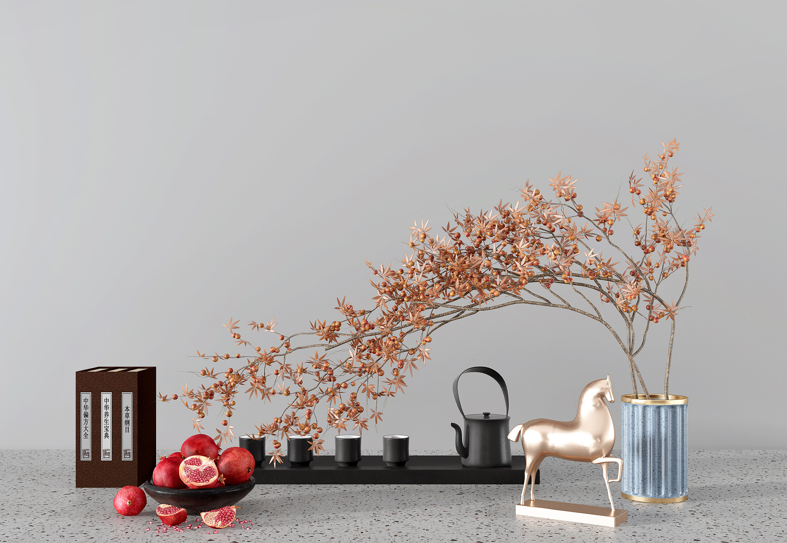 新中式茶壶茶具茶杯果盘石榴饰品摆件组合 3d模型下载