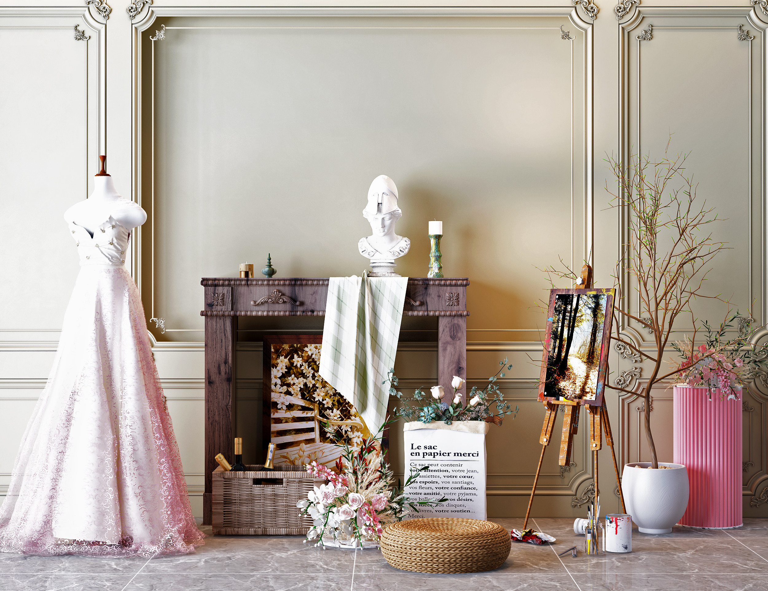 现代鲜花 壁炉 婚纱 摆件 美陈 装饰品 3d模型下载