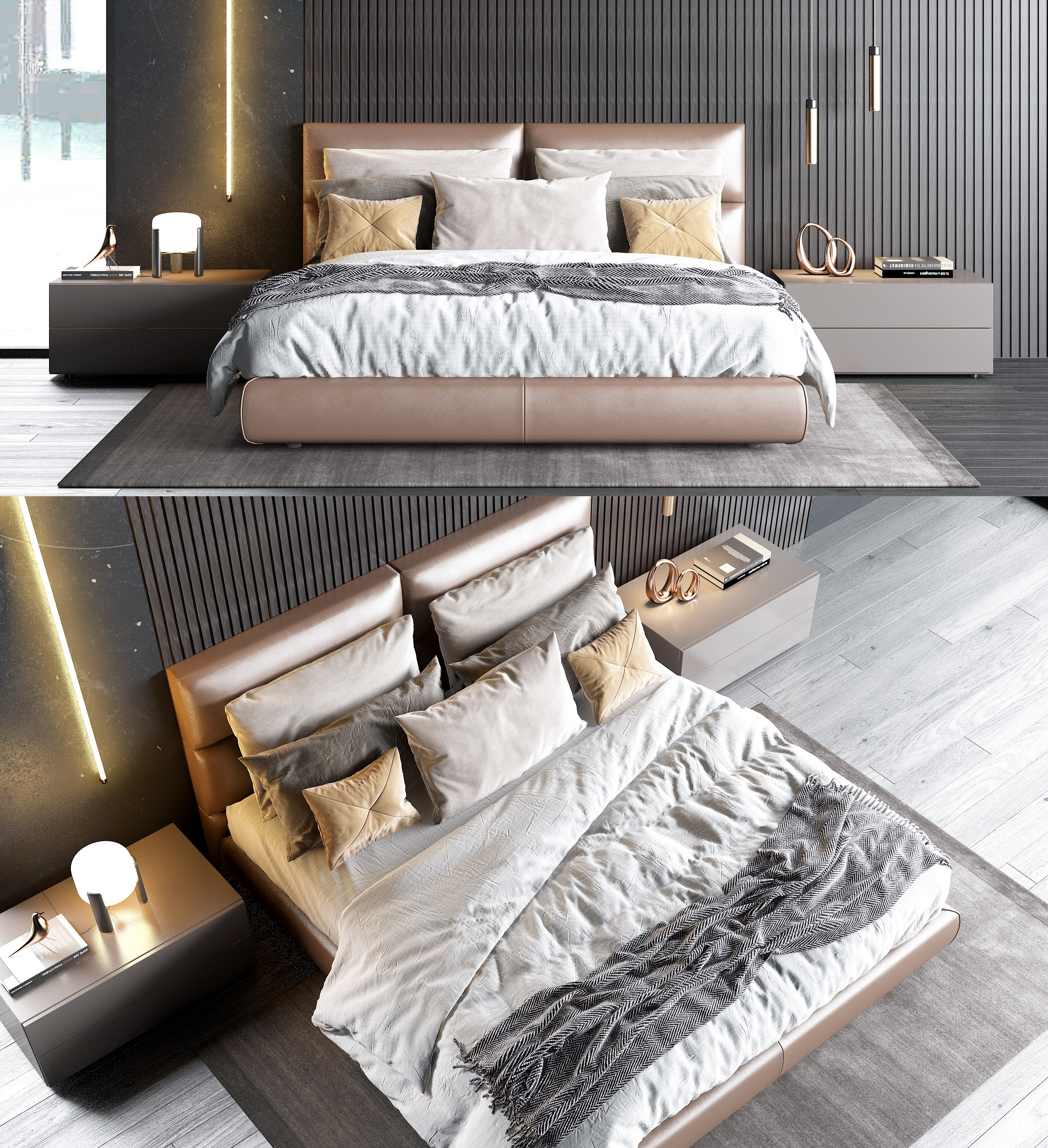 Bonaldo 现代皮革双人床 床具 床头柜3d模型下载