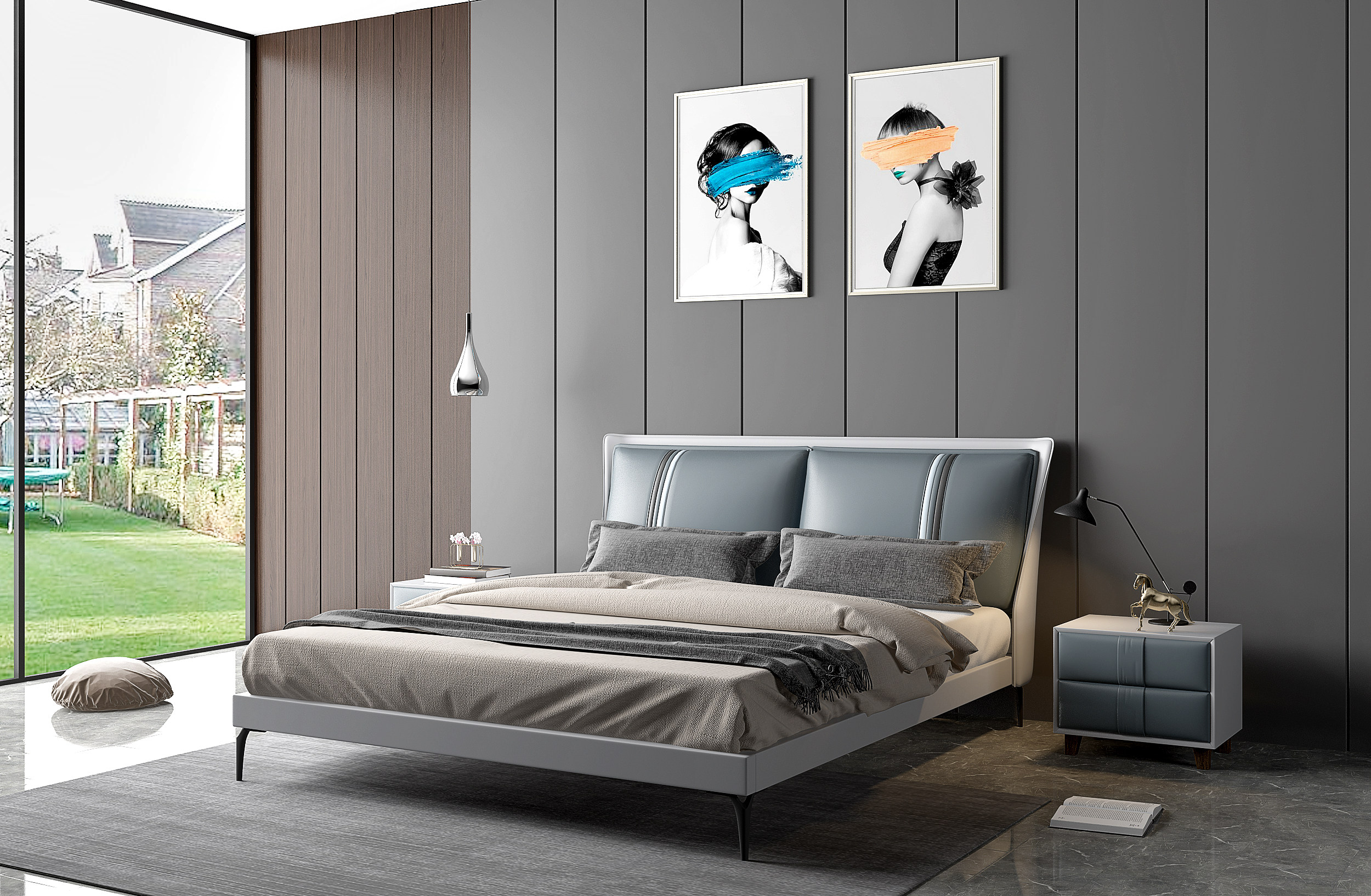 现代皮革双人床 床具 3d模型下载