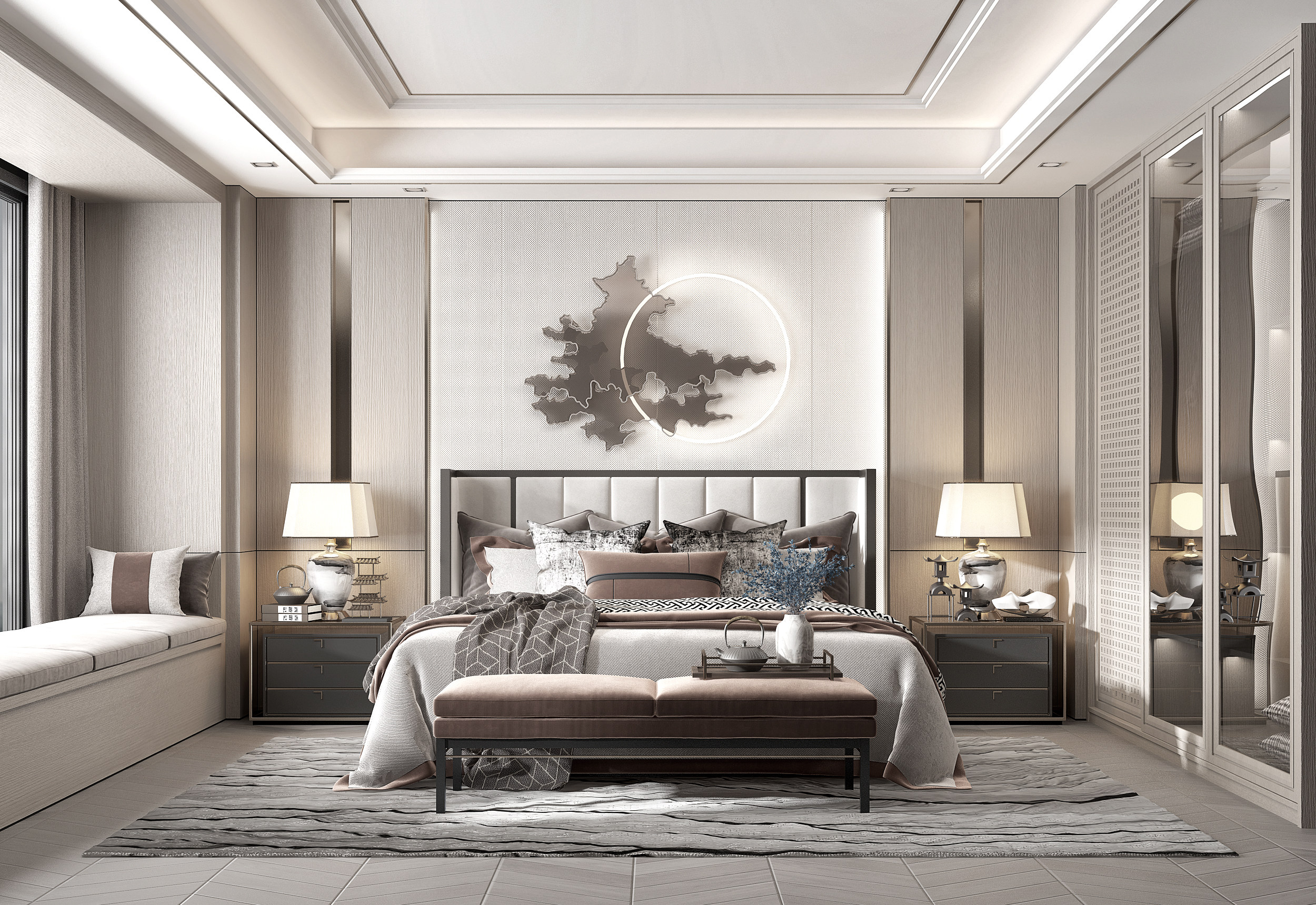 新中式家居卧室3d模型下载