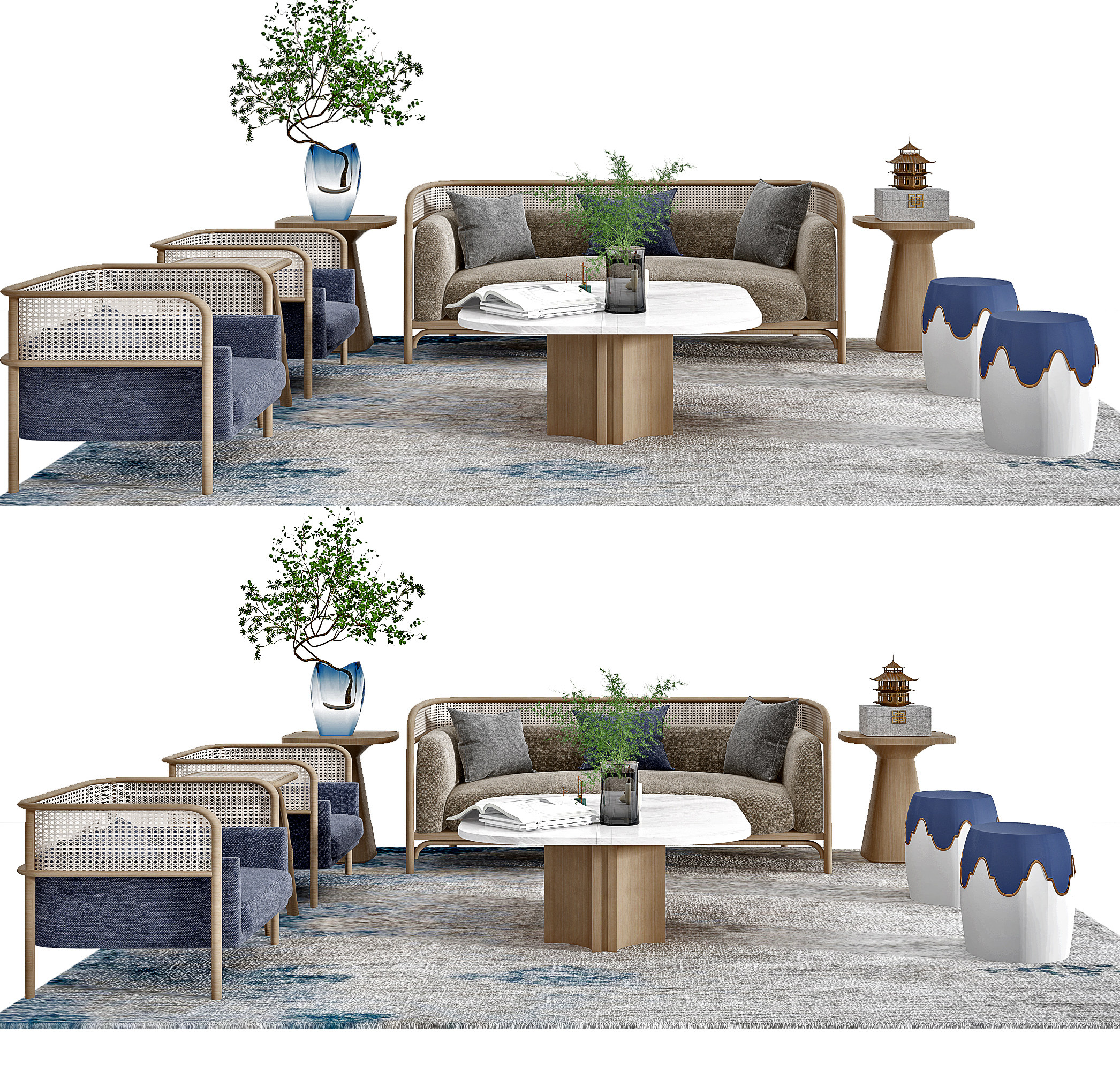 新中式藤编沙发茶几组合3d模型下载