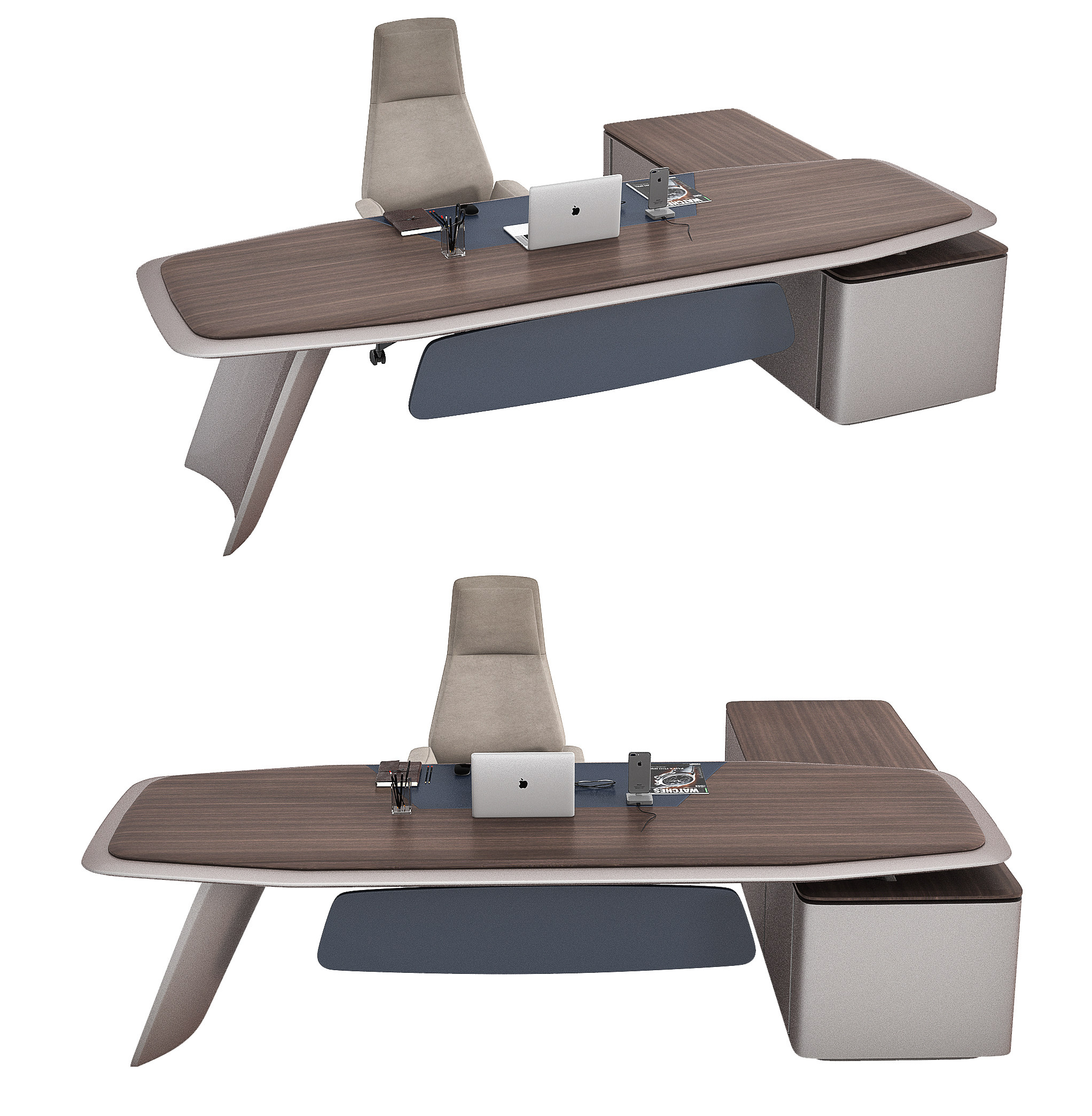 现代实木班台，办公桌椅_3d模型下载