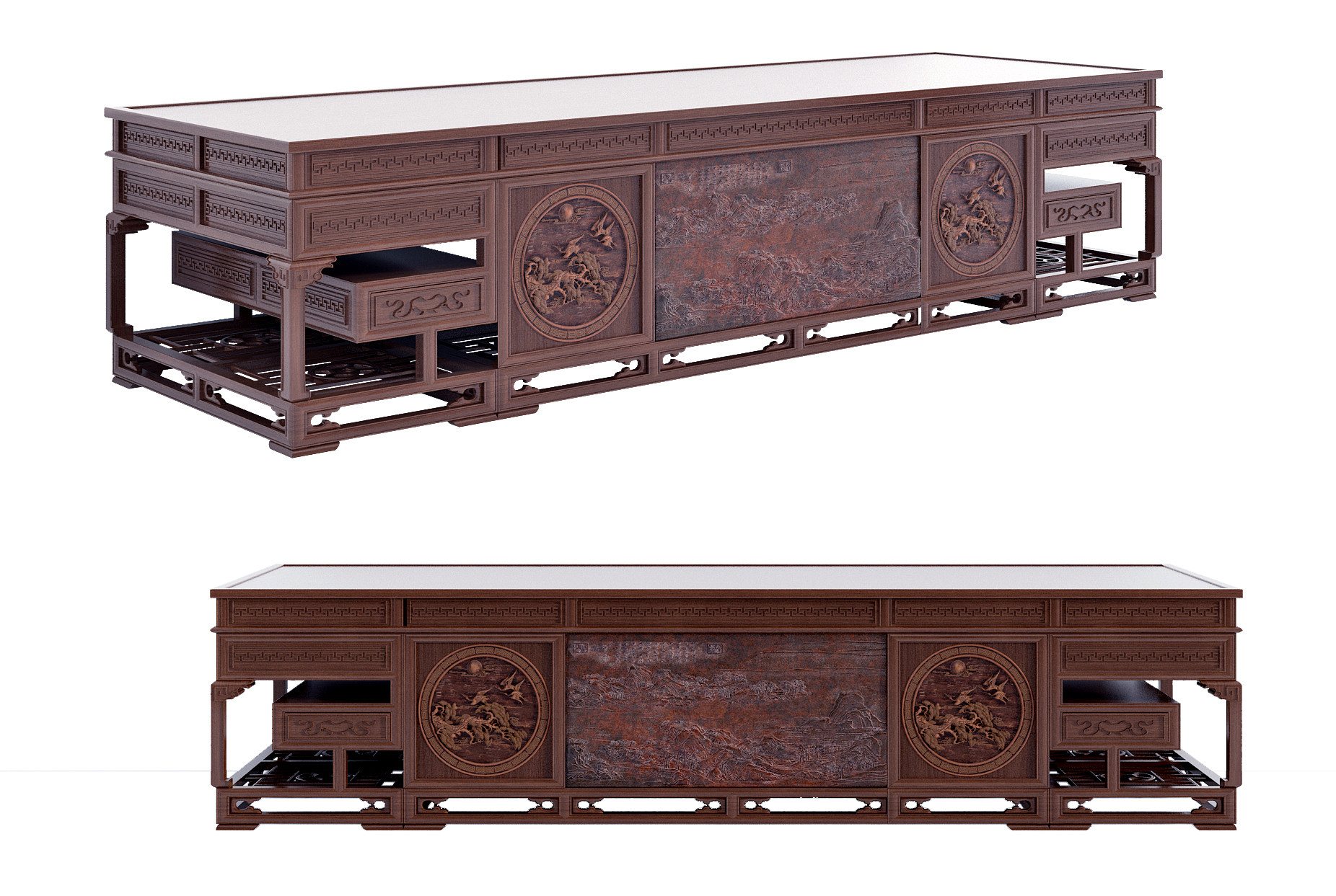 中式古典红木实木浮雕班台，办公桌3d模型下载