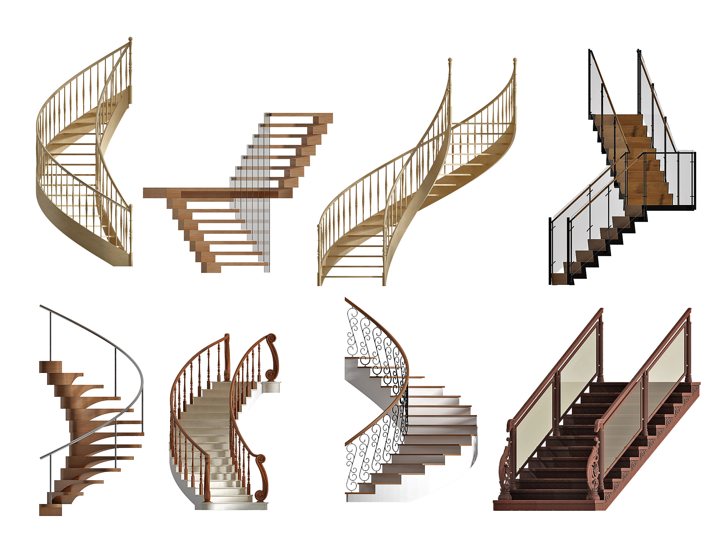现代欧式铁艺玻璃旋转楼梯组合3d模型下载