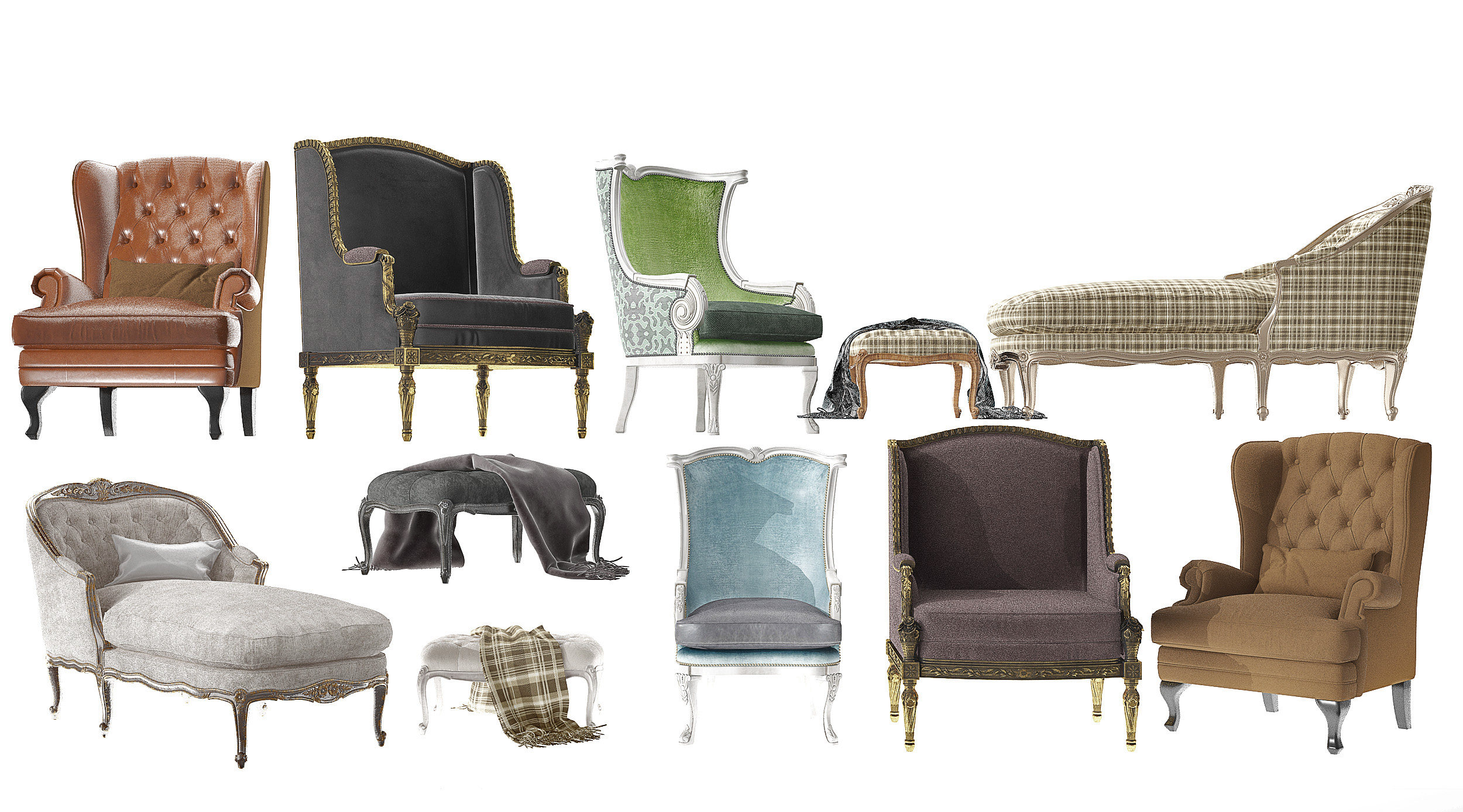欧式法式美式古典雕花皮革休闲沙发组合3d模型下载