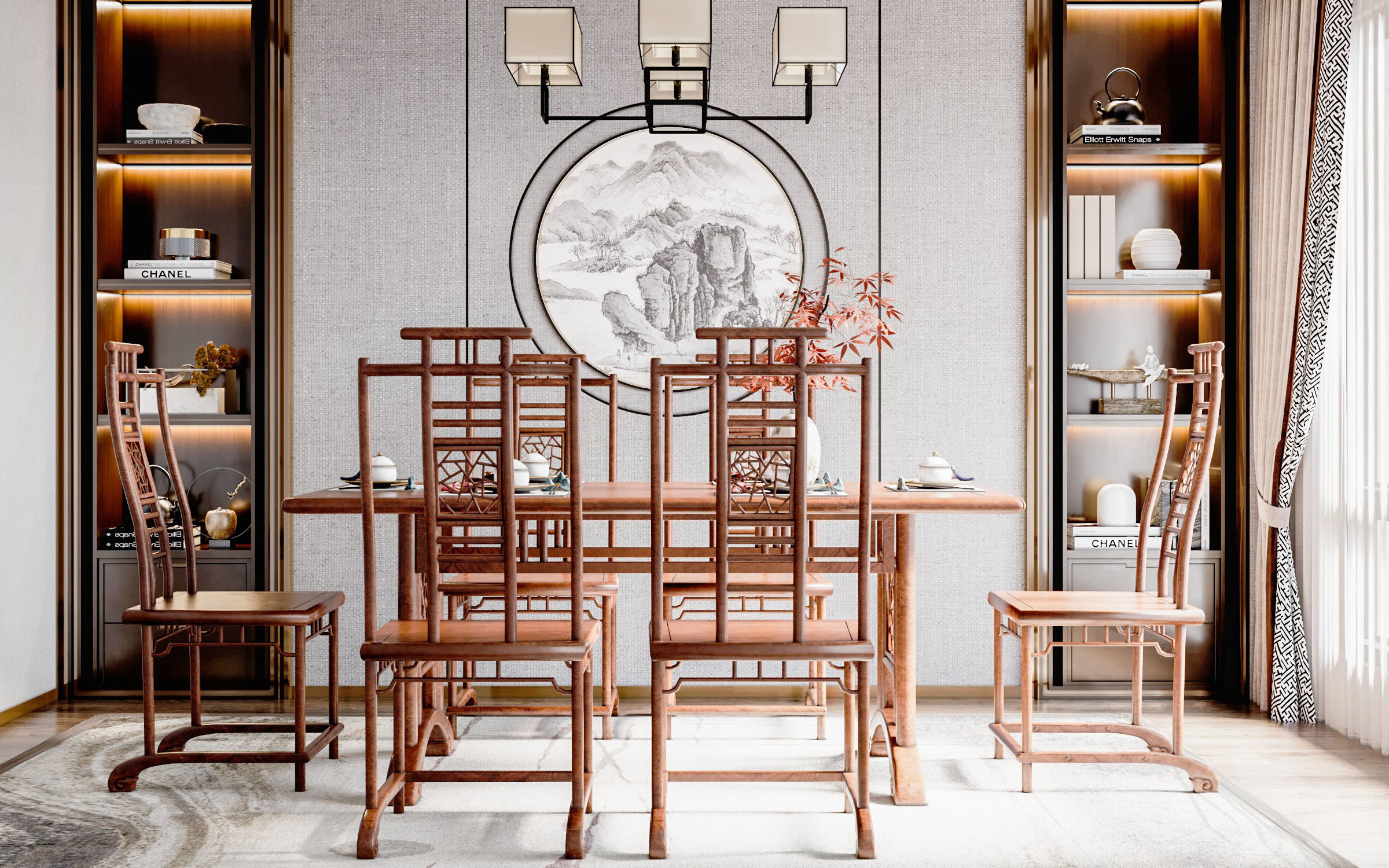 中式餐厅餐桌餐椅组合3d模型下载