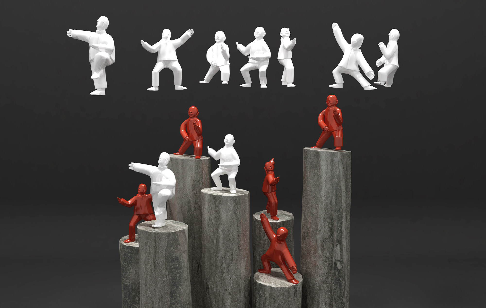 新中式健身功夫太极抽象人物树桩雕塑摆件3d模型下载