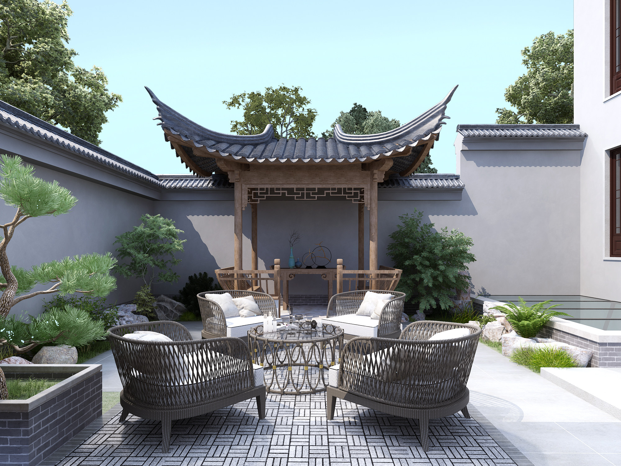 6新中式别墅庭院花园3d模型下载