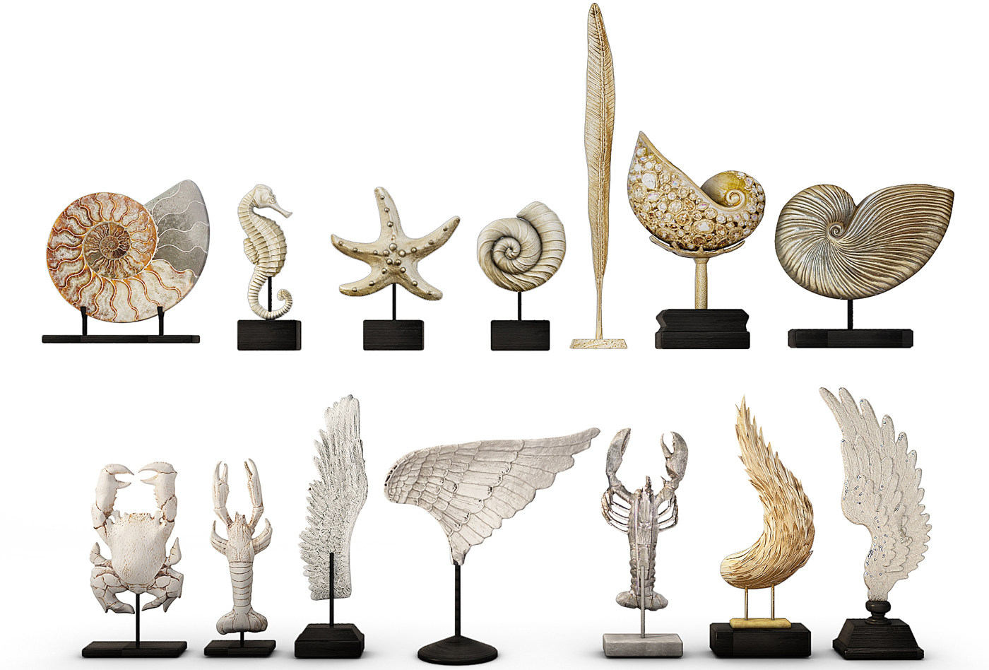 现代地中海新中式，海马，海星翅膀海螺，备课龙虾雕塑饰品摆件3d模型下载