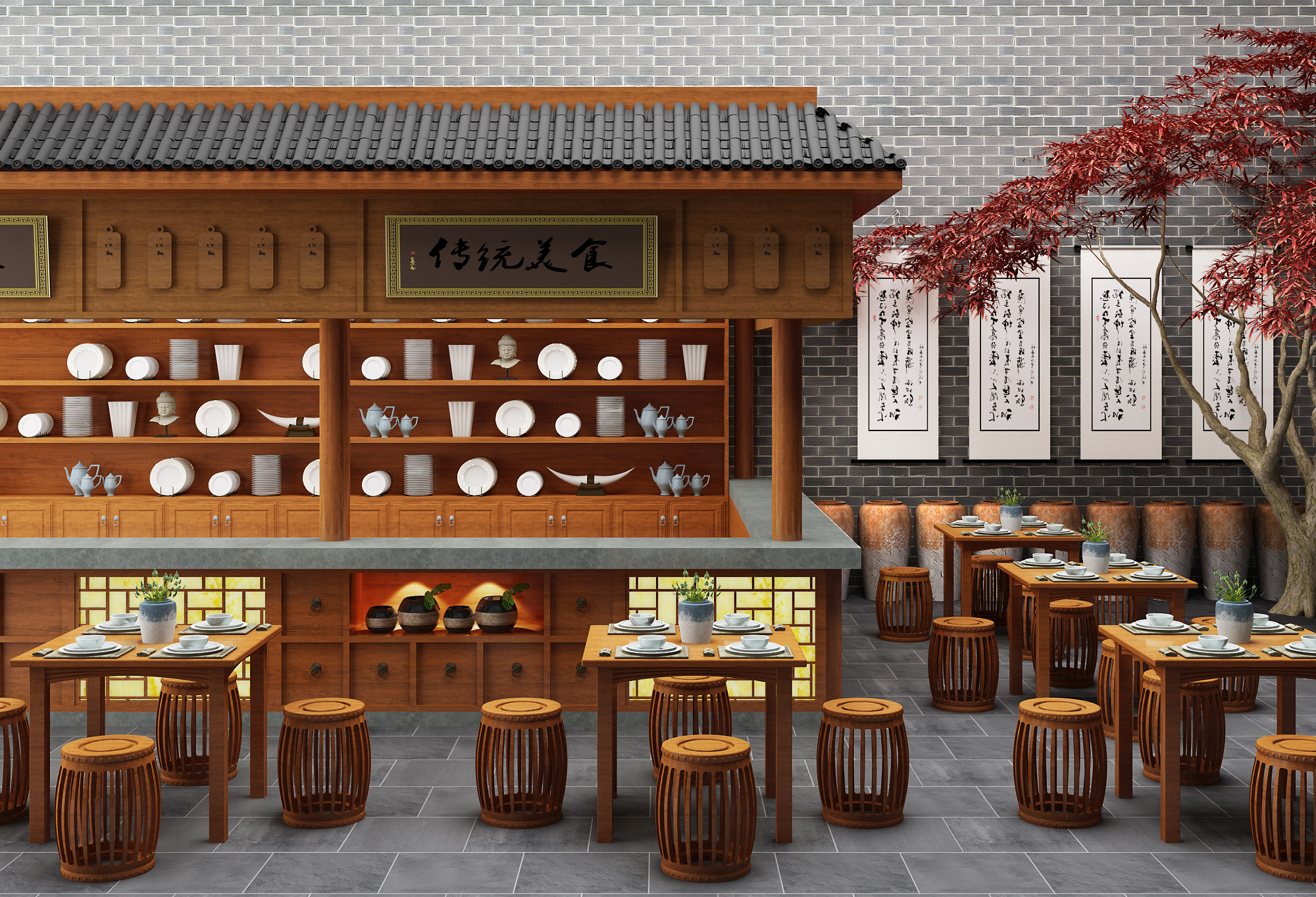 中式古典餐厅美食城3d模型下载