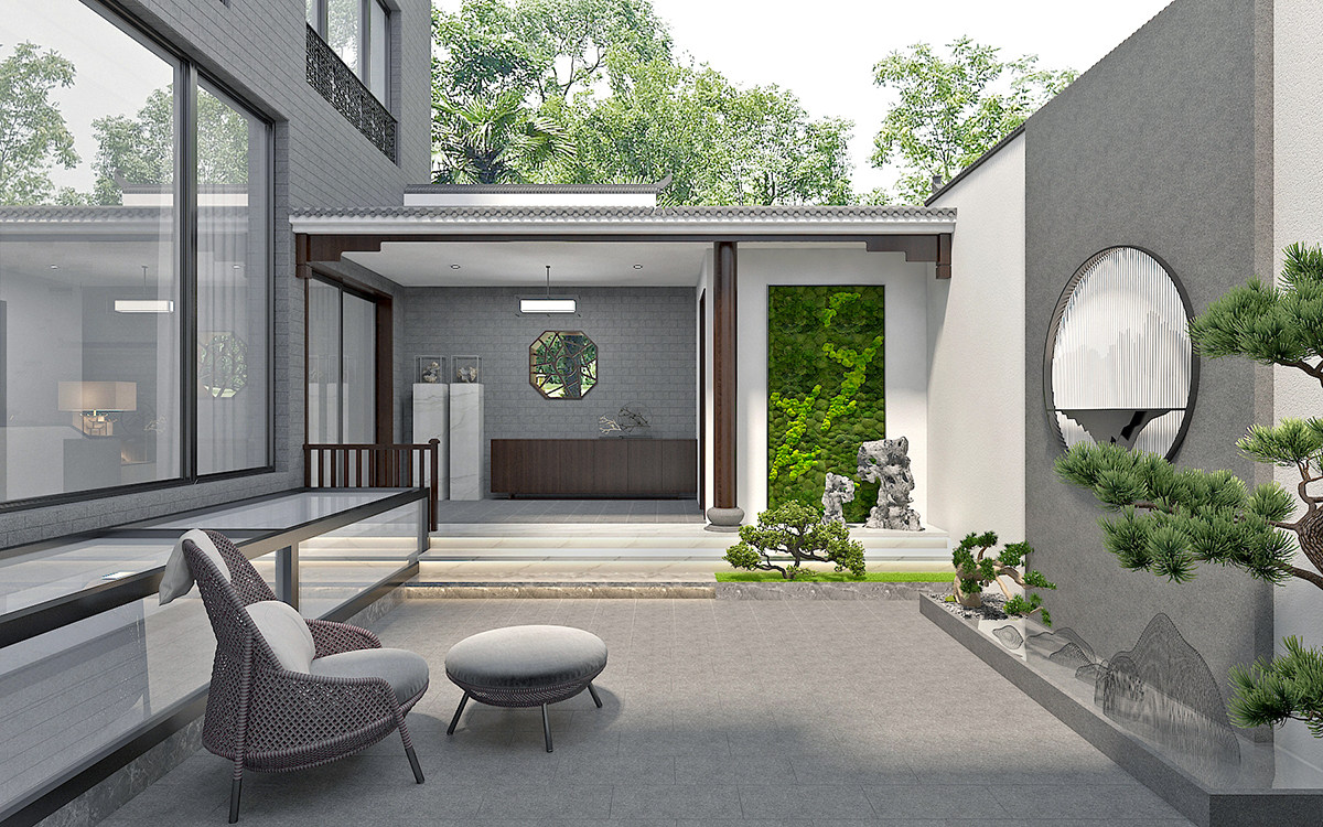 07新中式别墅景观庭院3d模型下载