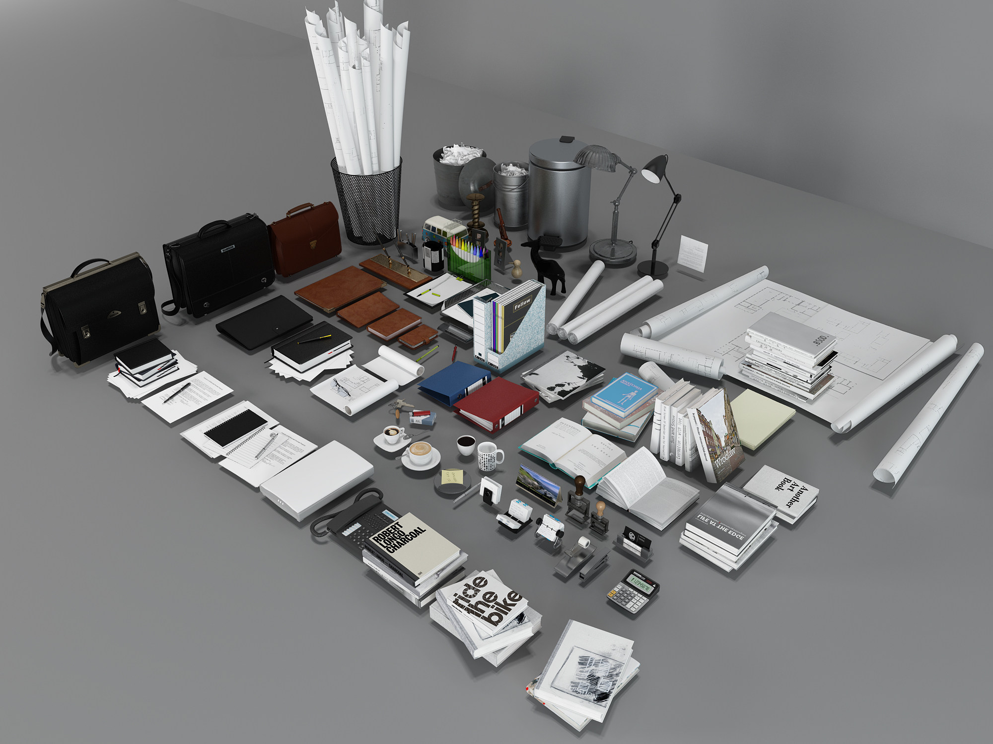 现代办公用品图纸垃圾篓垃圾筐笔记本公文包3d模型下载