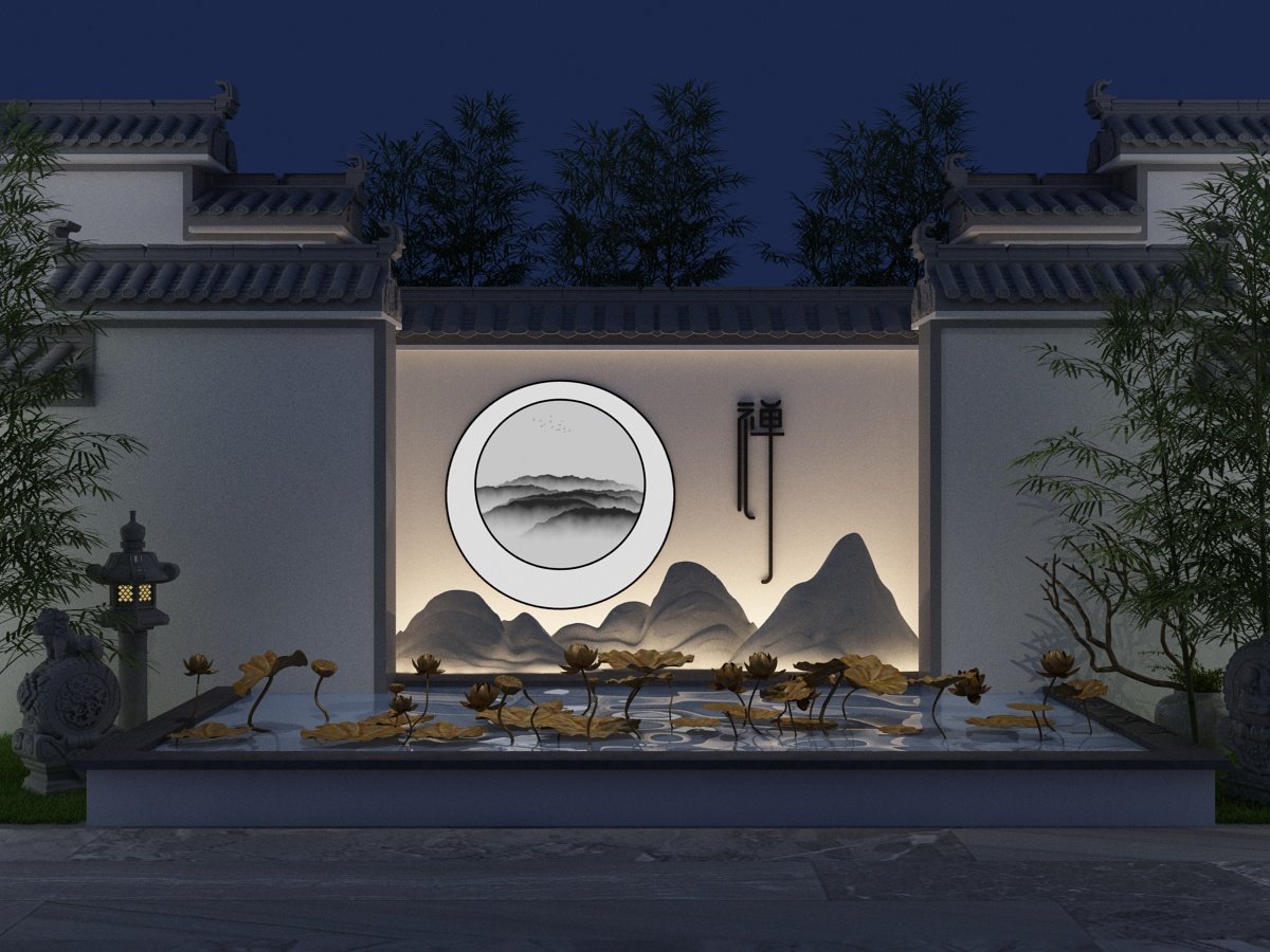 新中式徽派建筑园林景观院墙小品，荷花池，水景，竹子竹林，报鼓庭院石头灯3d模型下载