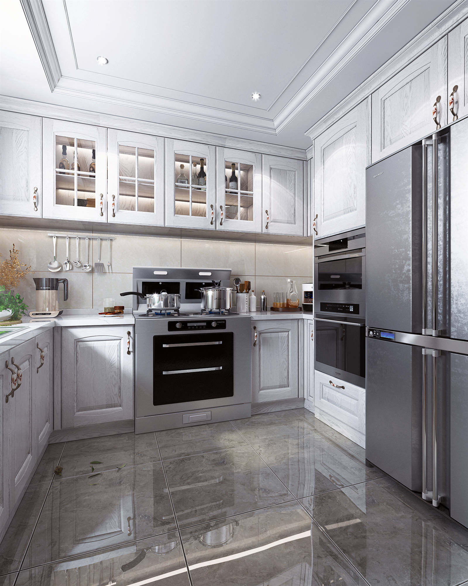 简欧欧式风格 厨房橱柜 厨房电器 厨房用品3d模型下载