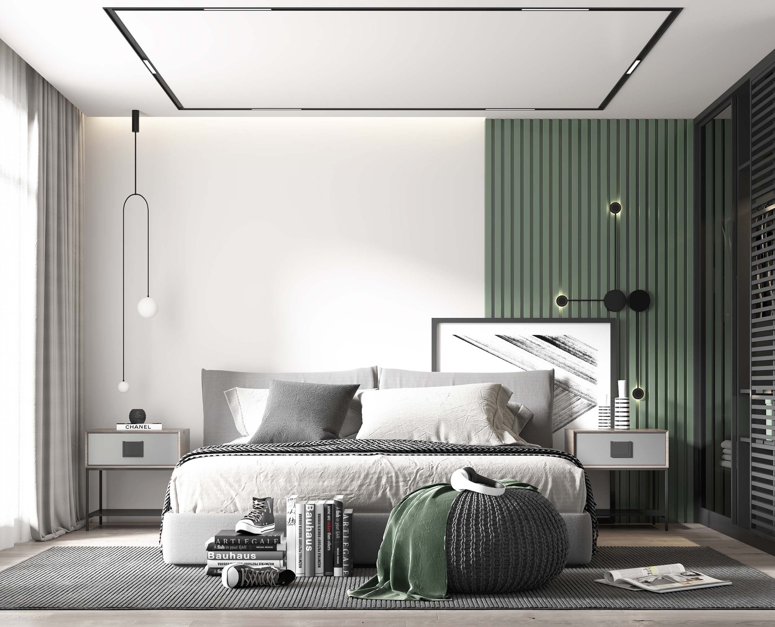 现代卧室，双人床床头柜3d模型下载