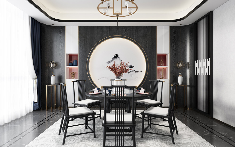15新中式餐厅，圆形餐桌椅子3d模型下载