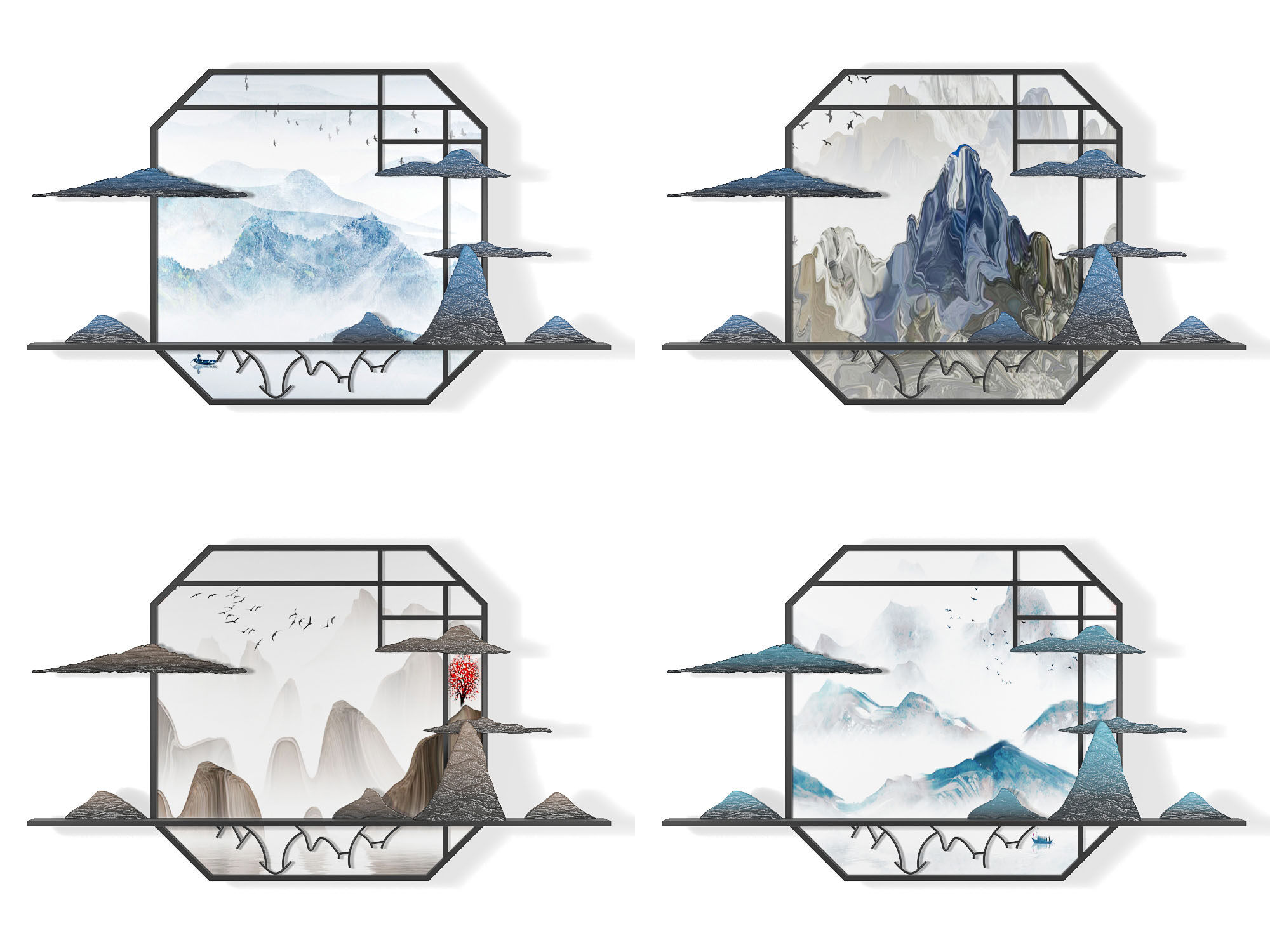 86新中式山脉墙饰挂件，立体画3d模型下载
