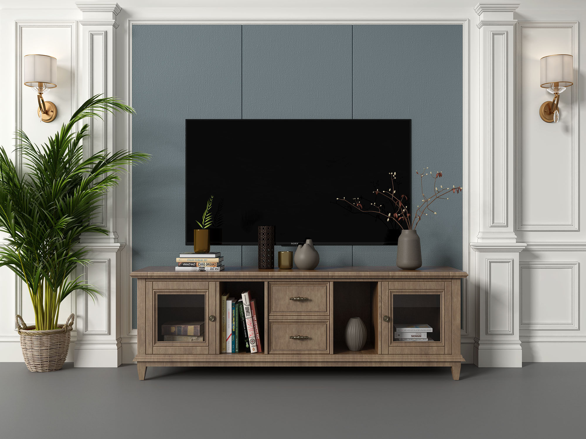 美式客厅电视背景墙 电视柜，壁灯组合3d模型下载