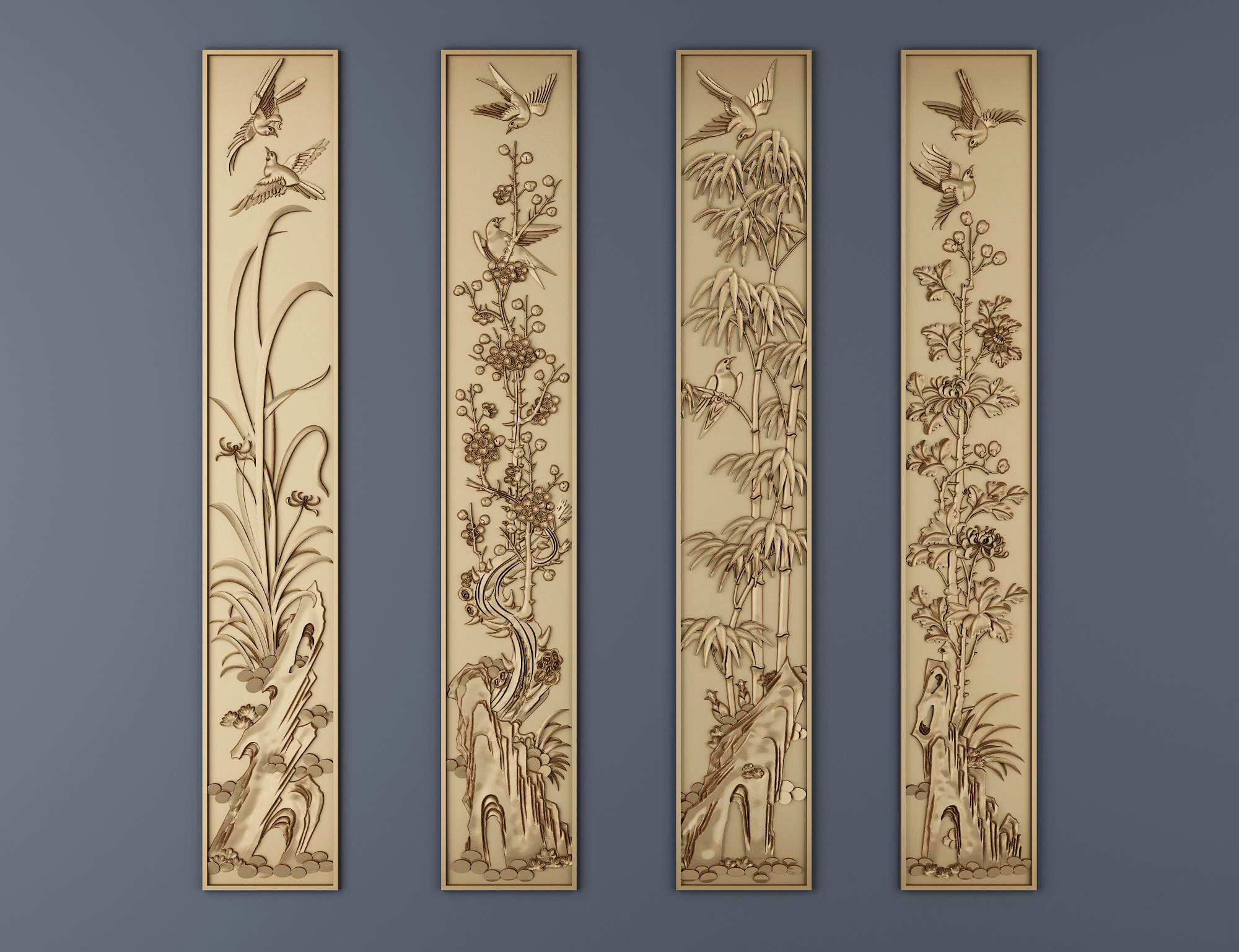 4中式古典雕花,假山,花鸟,竹图案雕花，浮雕，雕刻3d模型下载
