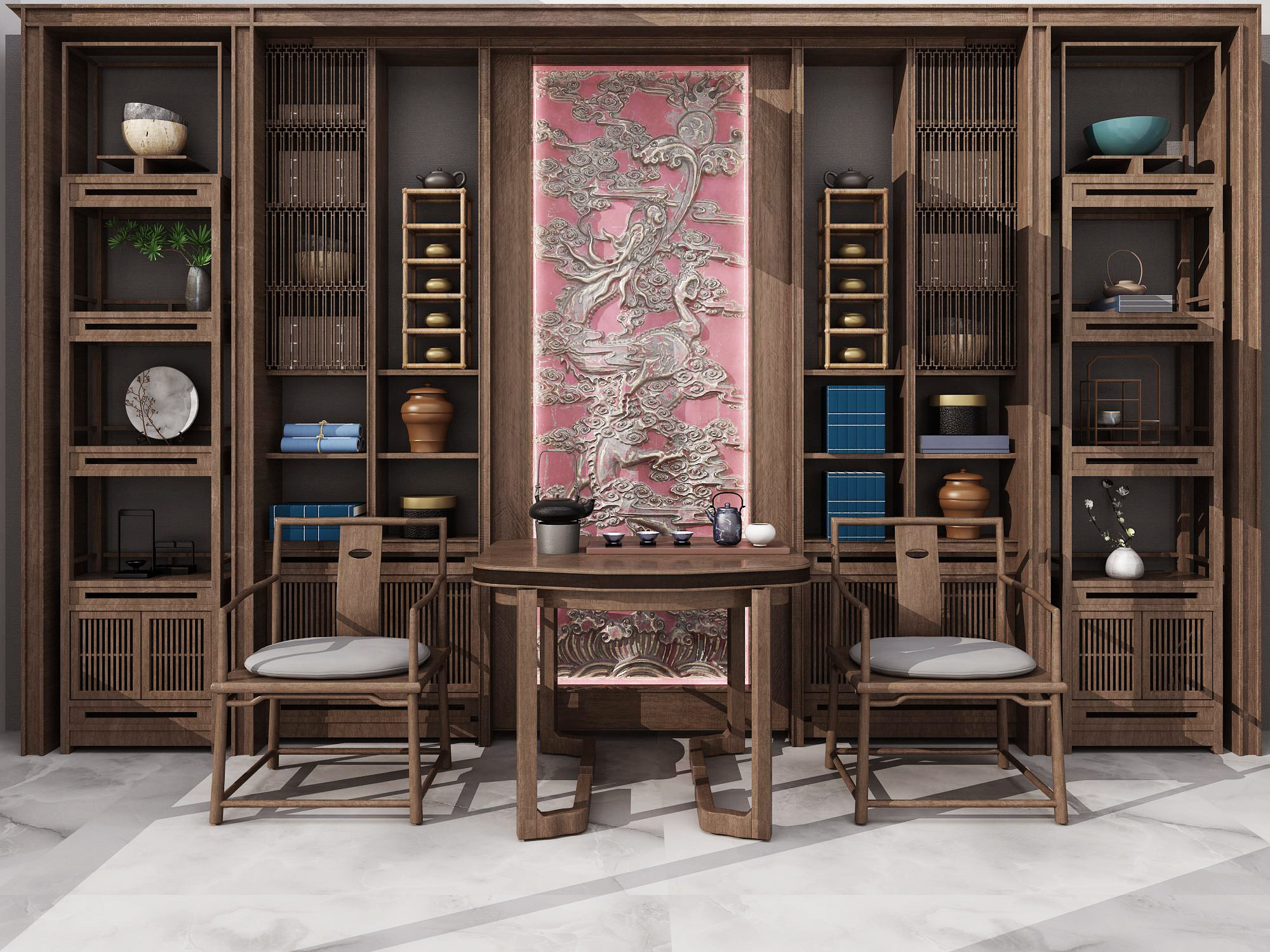 中式古典书房书柜茶室3d模型下载