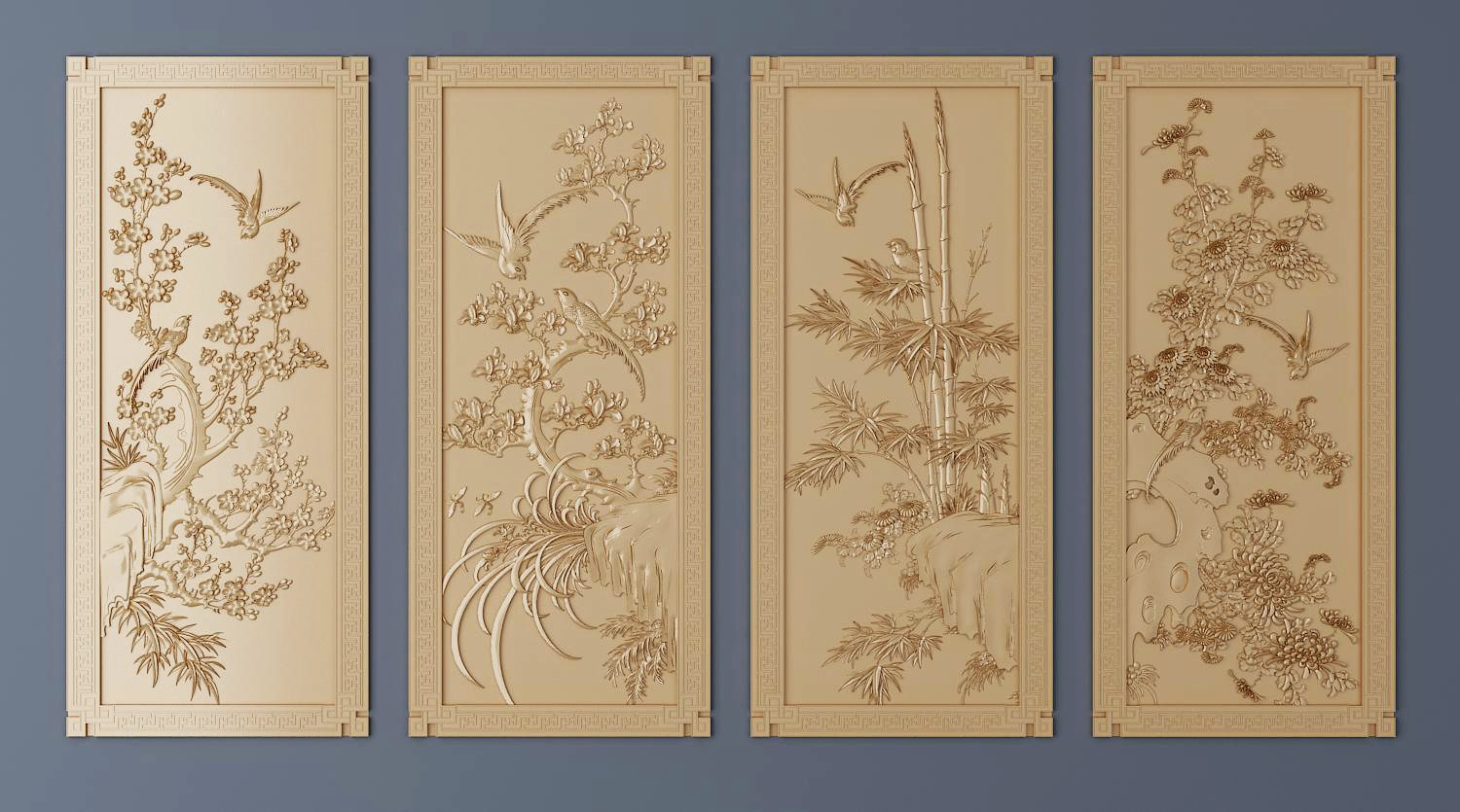 中式雕花，梅兰竹菊花纹图案浮雕3d模型下载