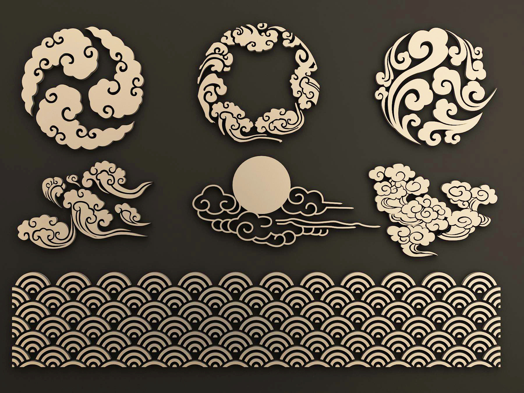 中式圆形云纹，祥云，雕花，花纹，雕刻木雕3d模型下载